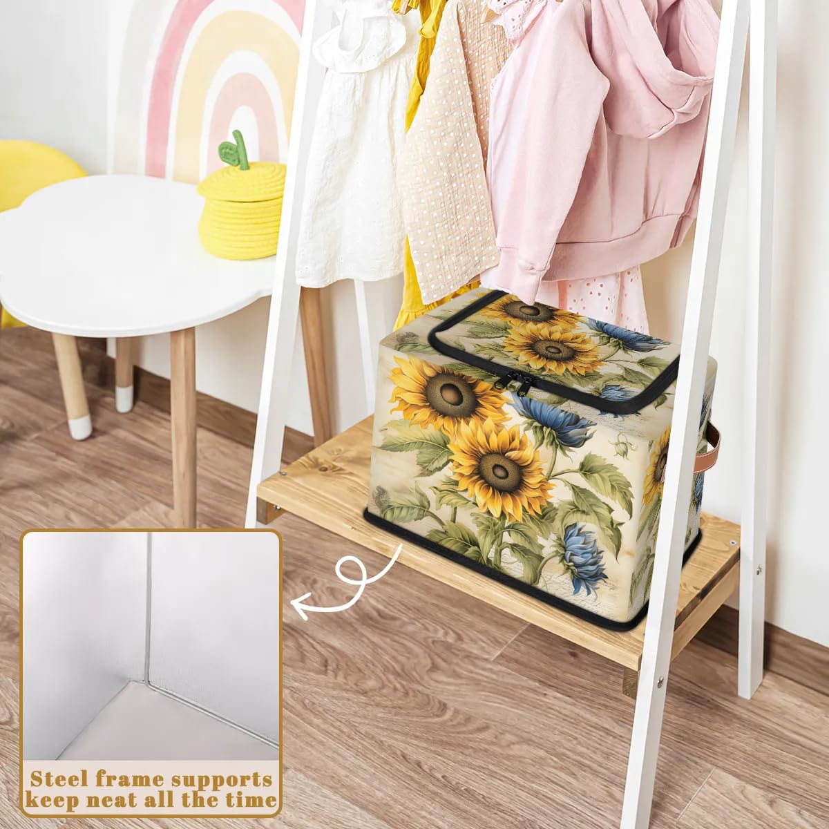 Collapsible Stackable Fabric Storage Bins with Lids - Sunflower Floral Design Closet Organizer for Clothes, Toys, Blankets & Home Organization | Perfect for Bedroom, Nursery, Playroom & Dorm Storage