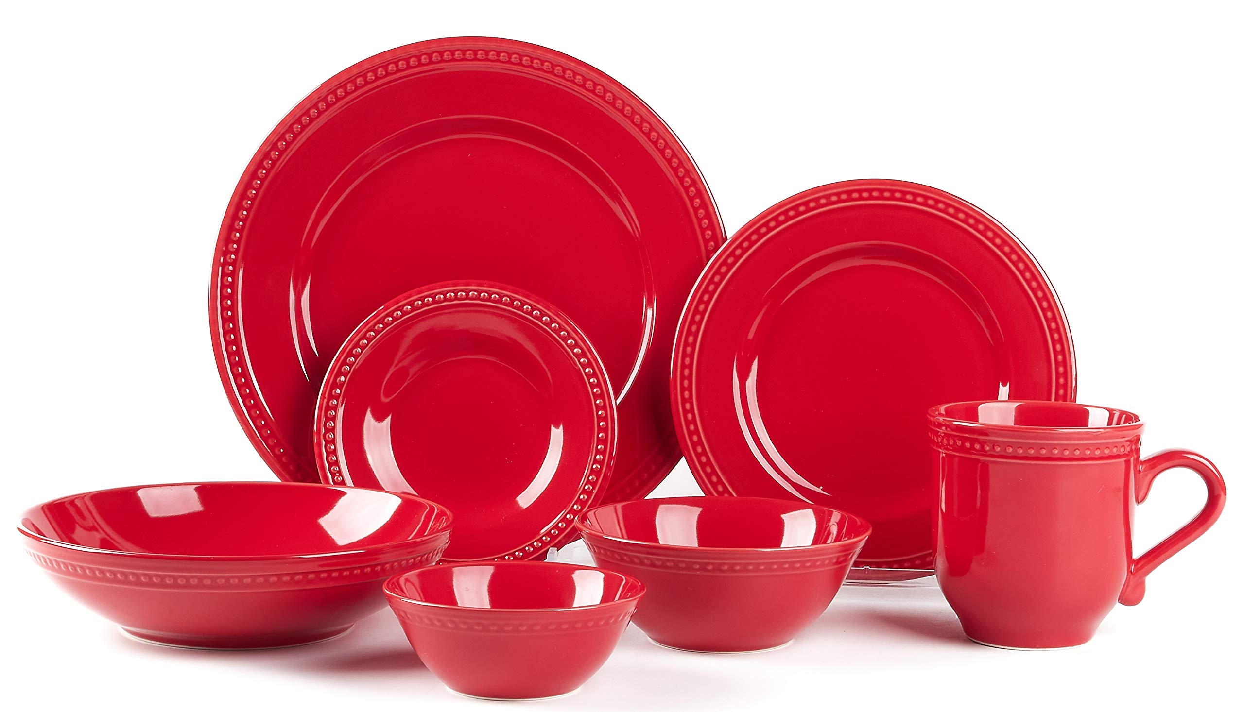 Premium Pearl Dots Stoneware Dinnerware Set - 42 Piece Service for 8, Vibrant Red - Elegant Tableware for Holiday Dinners, Wedding Registry & Upscale Entertaining