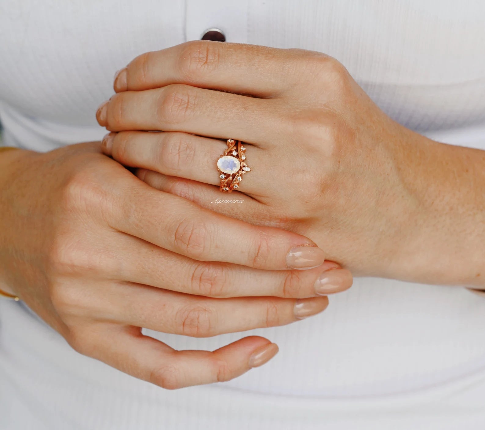Natural Moonstone Fairy Engagement Ring Set - 14K Rose Gold Vermeil Wedding Band for Women, Perfect for Proposals, Anniversaries & Romantic Occasions