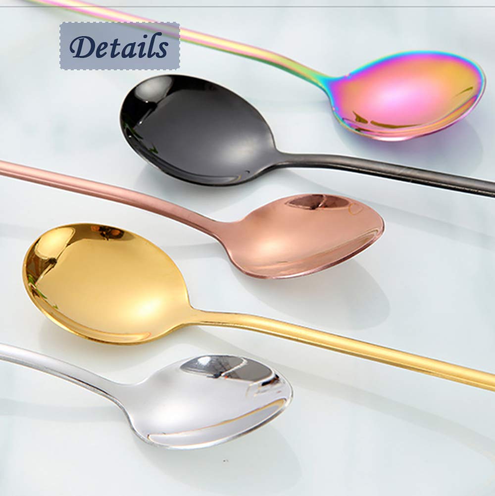 7.7-inch Titanium Plated Long Handle Stirring Spoon Set - 6 Pack Stainless Steel Iridescent Cocktail Mixing Spoons for Iced Tea, Coffee & Bar Drinks (Black, Round) - Perfect for Home Bars, Coffee Shops & Party Mixing