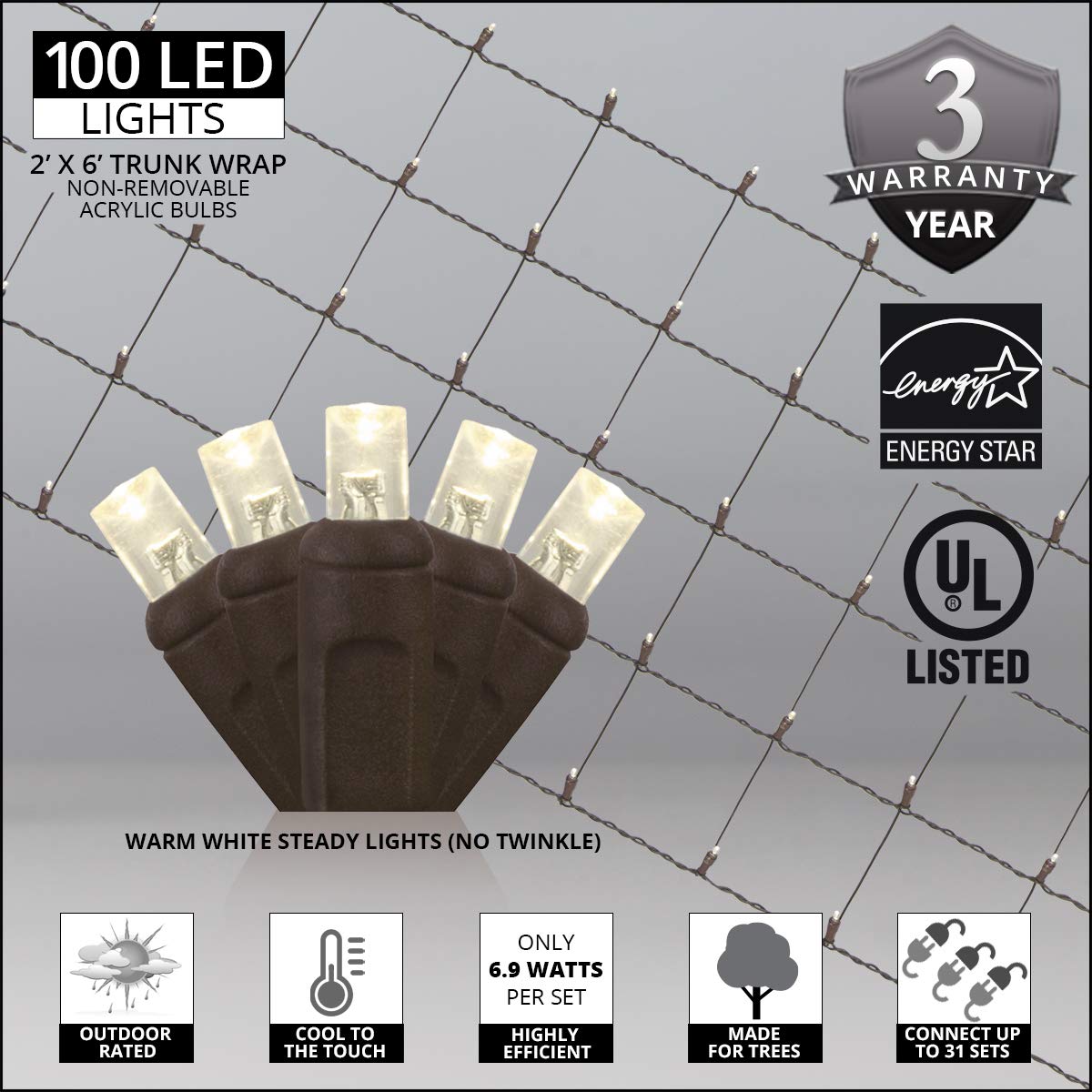 Wintergreen Lighting LED Tree Trunk Wrap Lights - 100 Warm White Christmas Lights with 2' x 6' Net & Brown Wire for Outdoor Holiday Decor | Perfect for Wrapping Trees, Bushes, and Yard Decorations