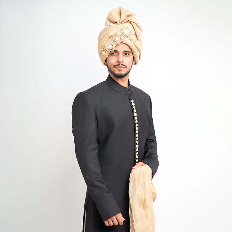 AI Signature: Jet Black Quad Slit Sherwani | Premium Indian Wedding Sherwani for Groom | Perfect for Weddings, Festivals & Special Occasions
