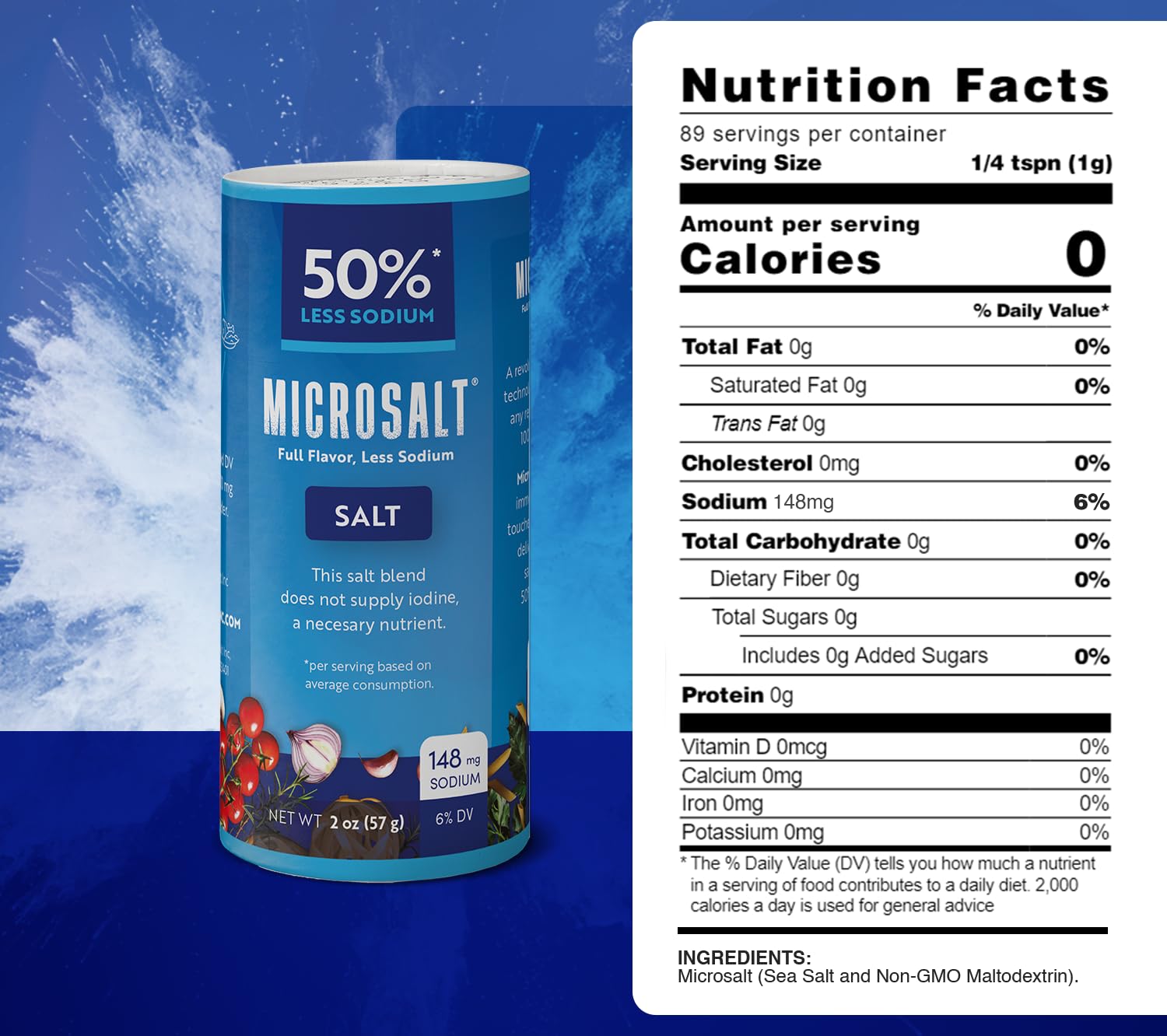 Microsalt 50% Less Sodium Salt - Healthy Salt Substitute for Cooking & Snacks | Full Flavor with Reduced Sodium | 2 oz (Pack of 2) | Perfect for Low-Sodium Diets, Heart Health & Flavorful Meals