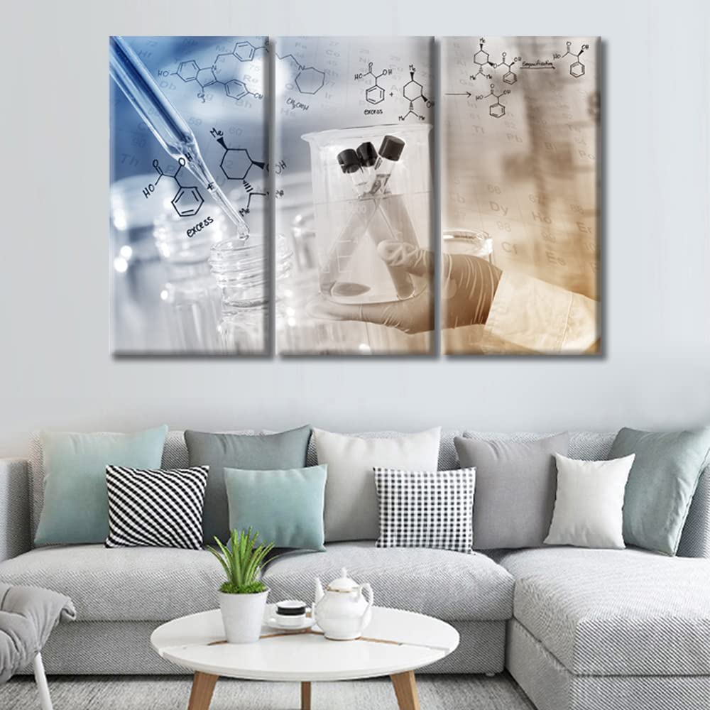 3-Piece Framed Laboratory Wall Art - Gloved Hand Holding Beaker in Lab Room, Ready to Hang 60