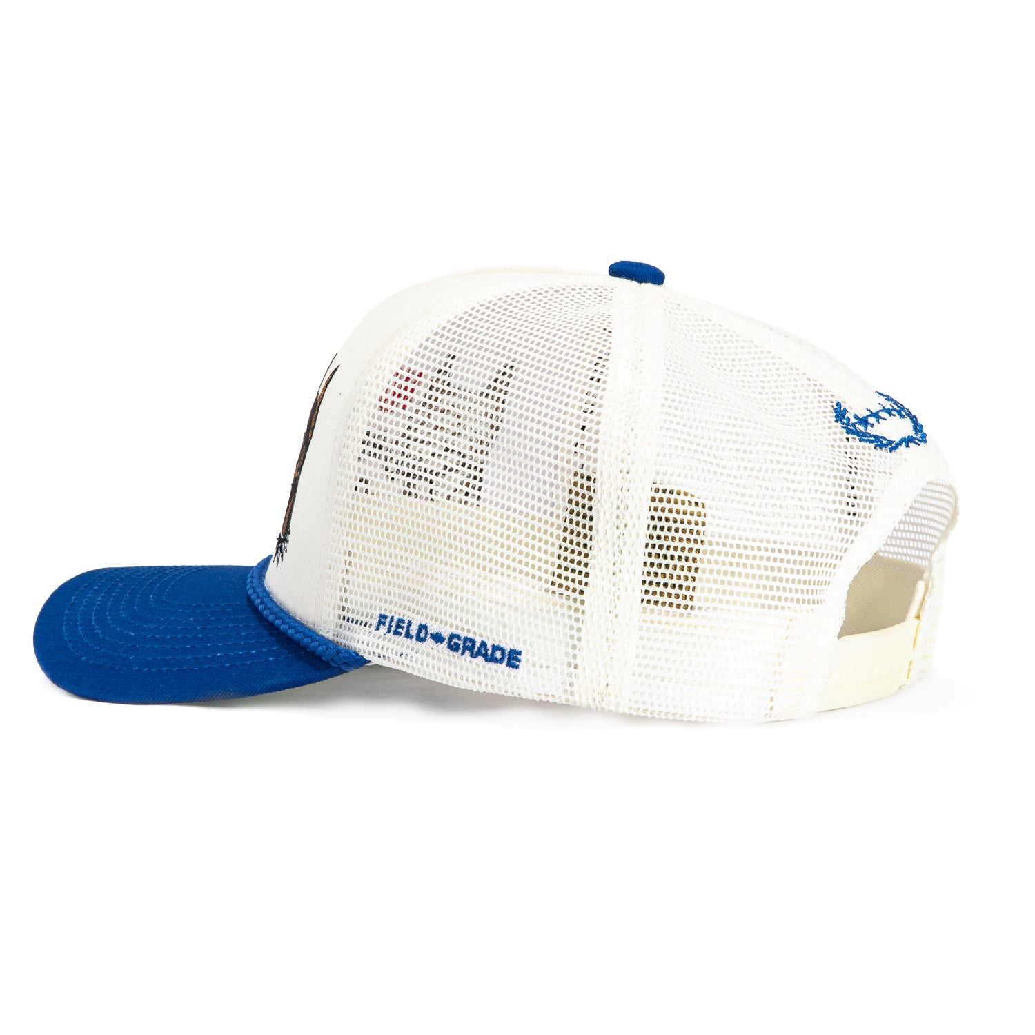 Field Grade Beware of Dog Snapback Trucker Hat - White & Royal Blue - Perfect for Dog Owners, Security Guards & Outdoor Enthusiasts