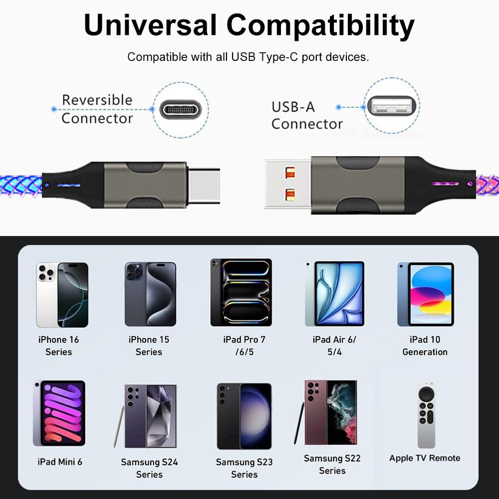 USB C to USB A Charger Cable 3.3ft with RGB LED Lights - Fast Charging Cord for iPhone 15 16 Pro Max Plus, iPad Air/Mini, Samsung Galaxy S24 S23, LG - Perfect for CarPlay, Gaming & Nighttime Charging