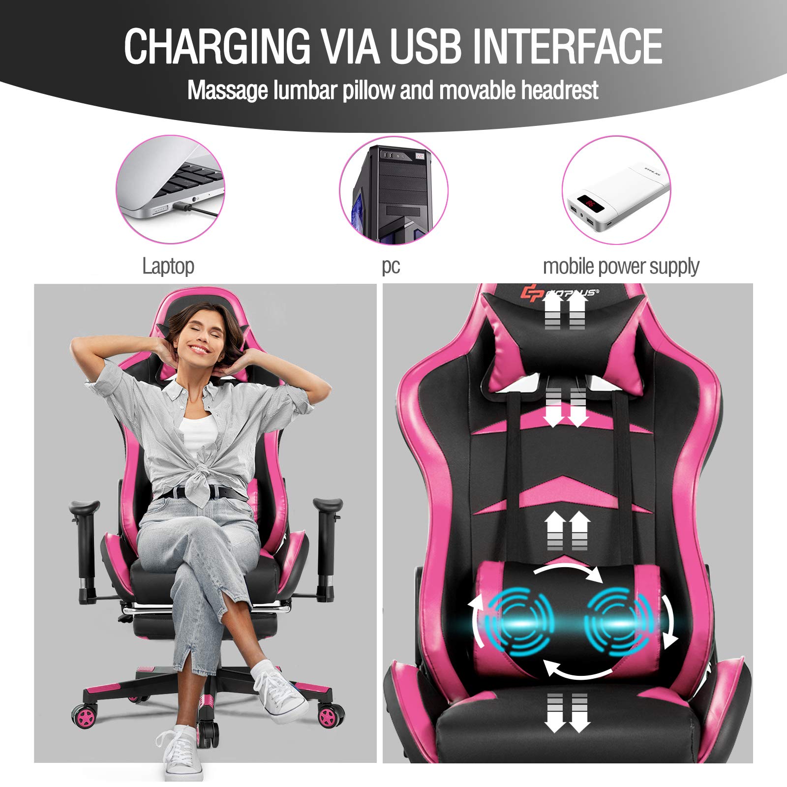 POWERSTONE Pink Ergonomic Gaming Chair with Footrest - High Back Racing Style Computer Chair for Women, Lumbar Support & Massage, Leather Recliner Swivel Office Chair - Perfect for Esports, Gaming & Home Office (Pink)