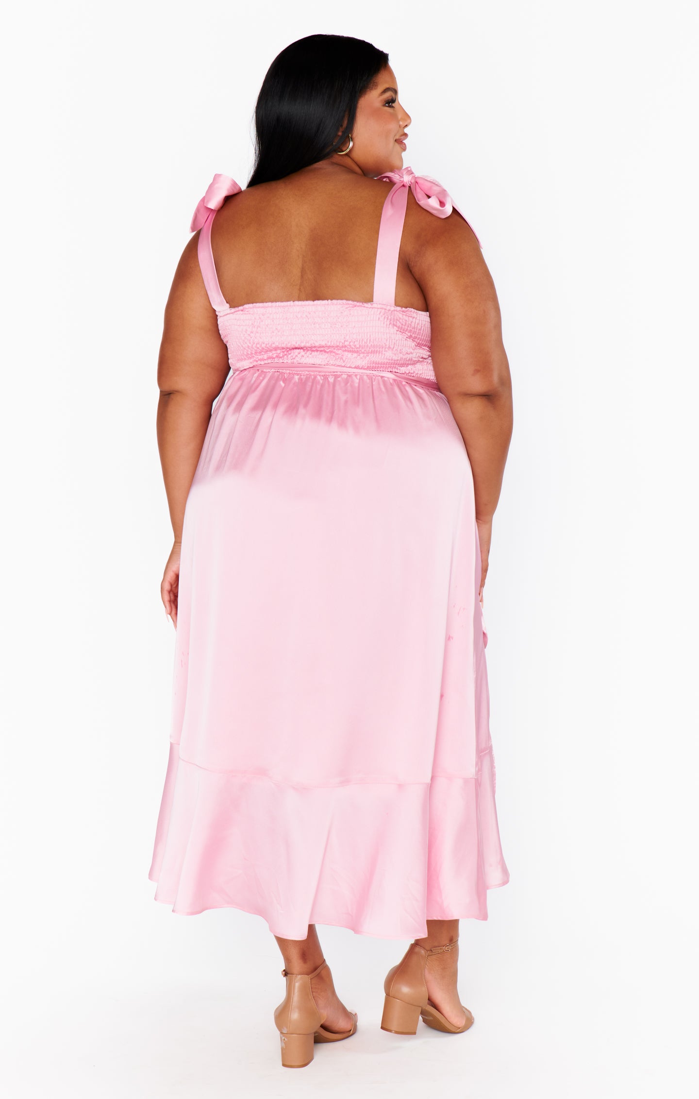 Luxury Light Pink Satin Garden Midi Dress - Elegant Women's Summer Party Dress for Weddings, Cocktail Events & Outdoor Gatherings