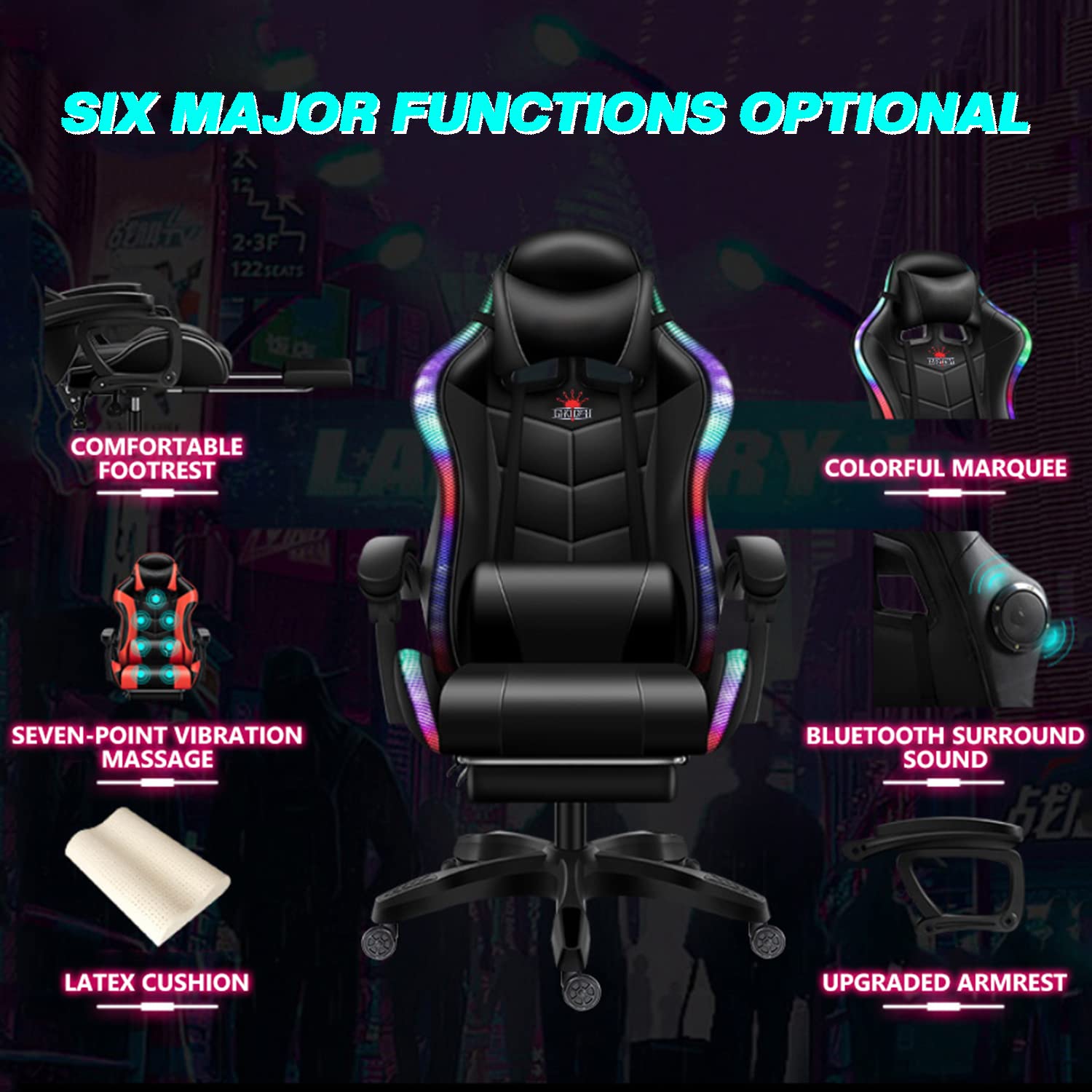 Ergonomic RGB Gaming Chair with Massage, Footrest & Bluetooth Speakers - Adjustable Headrest, Lumbar Support & Reclining Backrest for PC/Console Gamers - Perfect for Esports, Streaming & Home Office Setup