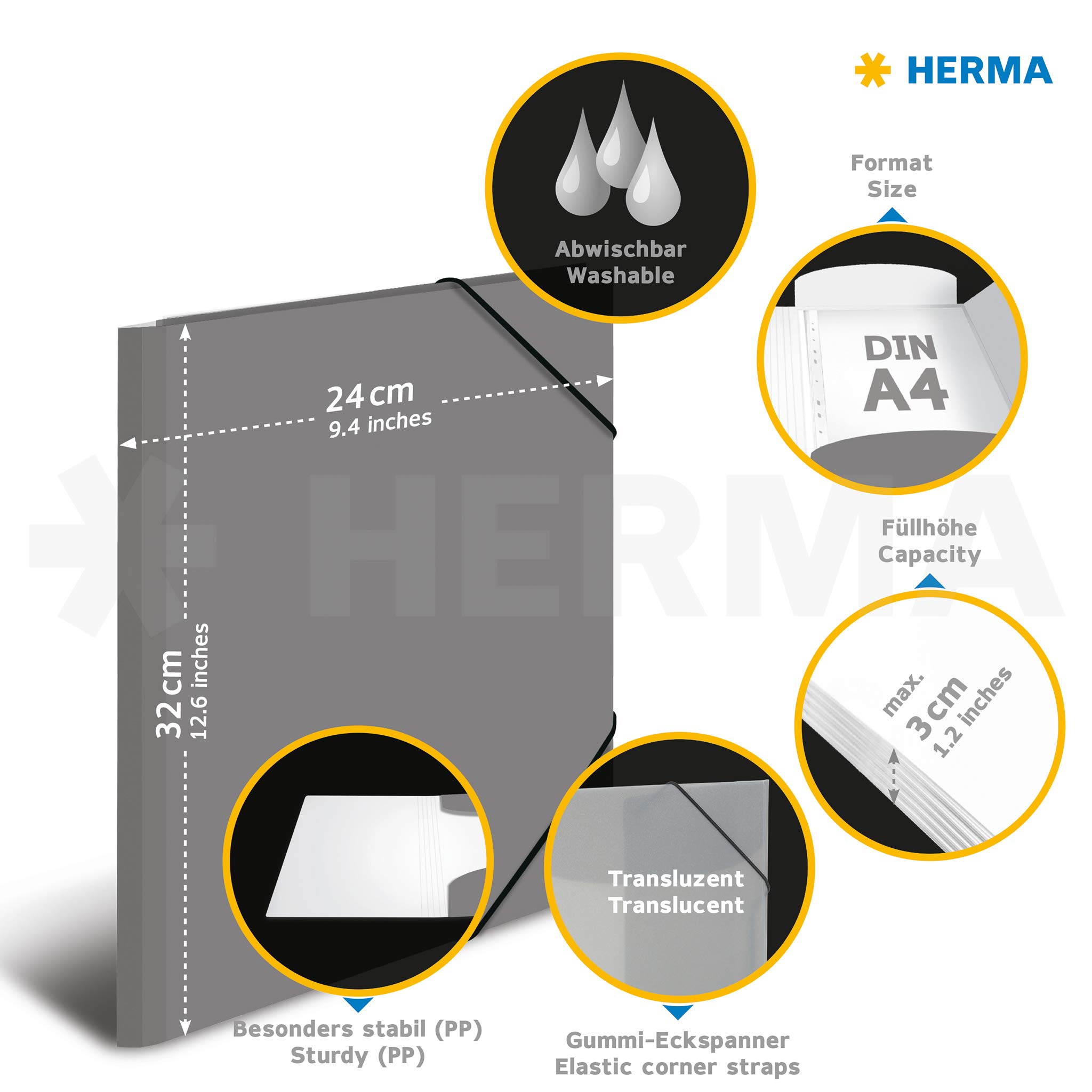 Herma 19508 Translucent A4 Plastic Portfolio Folders - Pack of 3, Light Green School Folders with Inner Flaps & Elastic Band, Durable Kids Folders for Boys & Girls - Perfect for School, Office & Document Organization