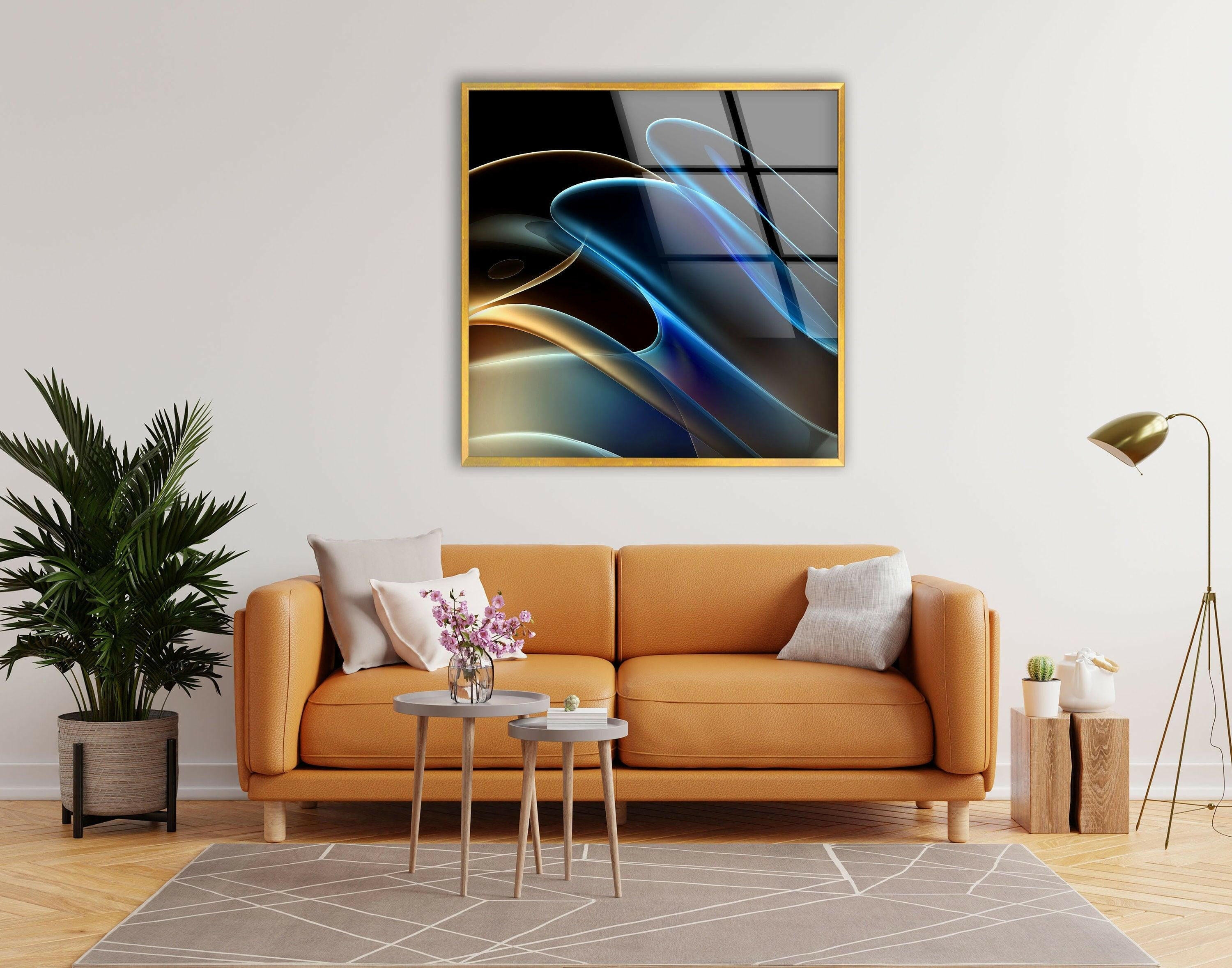 Blue Neon Wave Abstract Glass Wall Art - Modern Home Decor for Living Room, Bedroom & Office - Unique Handmade Glass Painting for Stylish Interior Design