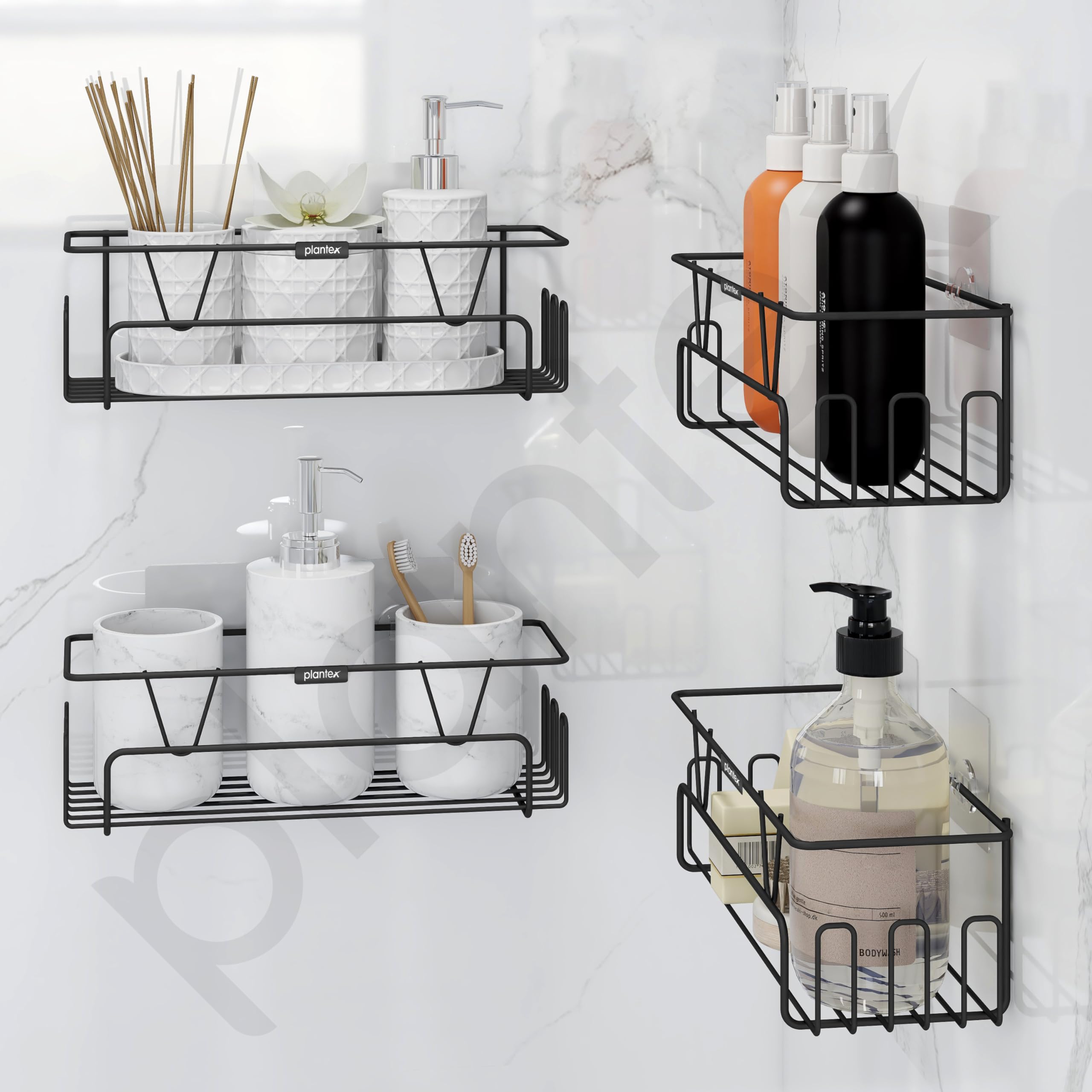 Plantex GI Steel Bathroom Shelf with Self-Adhesive Mounting, No Drilling Needed - Includes Side Hooks & Magic Stickers, Powder Coated Black (4-Pack) - Perfect for Small Bathrooms, Showers & Apartments