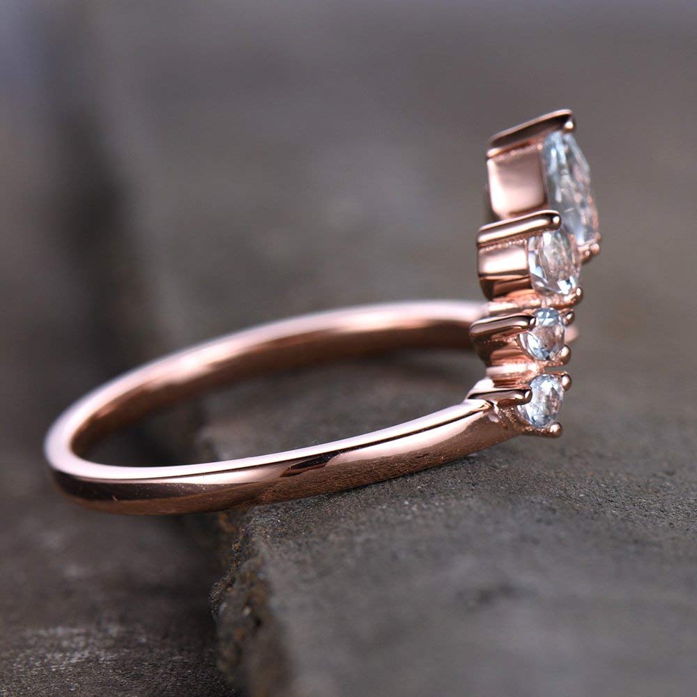 Elegant Aquamarine Crown Wedding Band - Rose Gold Plated Sterling Silver Chevron Stacking Ring for Women, Perfect for Bridal, Anniversary & Engagement Jewelry Gifts
