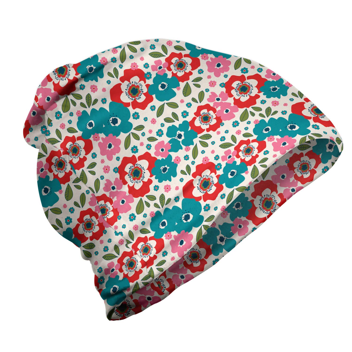 Ambesonne Unisex Winter Beanie Hat - Vivid Floral Pattern on Eggshell, Soft Knit for Hiking & Outdoor Activities, Warm Fleece Lined for Cold Weather, Perfect for Skiing, Camping and Daily Winter Wear