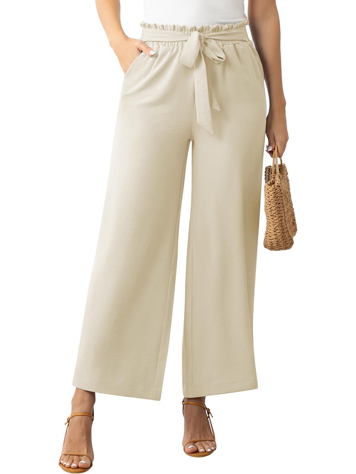 **Women's High Waisted Wide Leg Lounge Pants - Soft Comfortable Business Casual Trousers with Adjustable Tie & Pockets - Perfect for Work, Office, Travel & Relaxation at Home**
