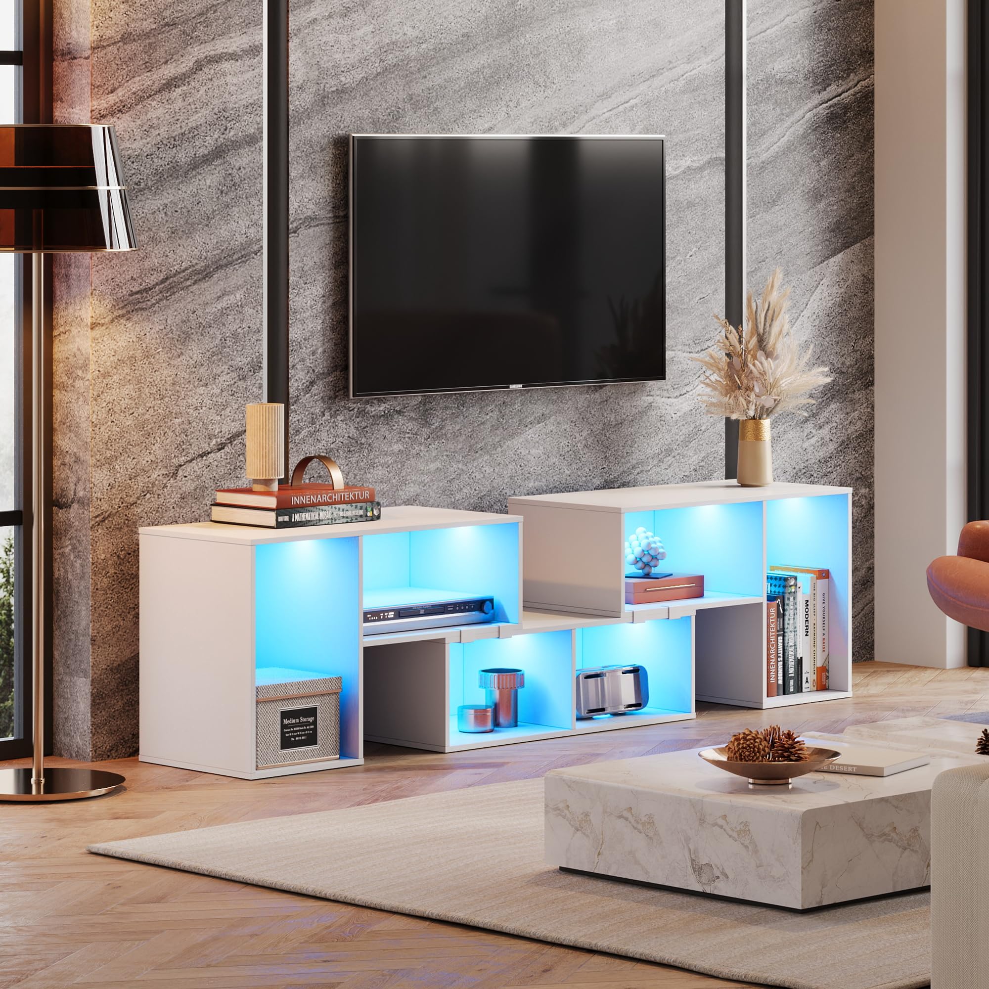 WLIVE Modern TV Stand with LED Lights - Adjustable 3-Piece Entertainment Center for Living Room & Bedroom - White Gaming Media Console Cabinet for TVs up to 65