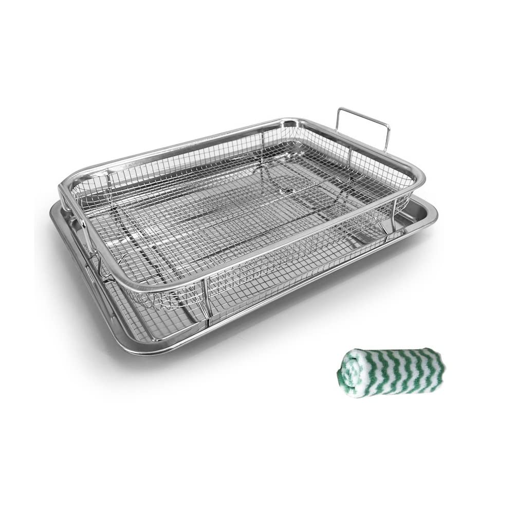 Stainless Steel Air Fryer Basket Set for Oven - Non-Stick Crisper Tray, Pan Tray & Grease Catcher | Even Heat Distribution for Healthy Cooking | Perfect for Fries, Bacon, Chicken Wings & Vegetables | Oven & Air Fryer Accessories