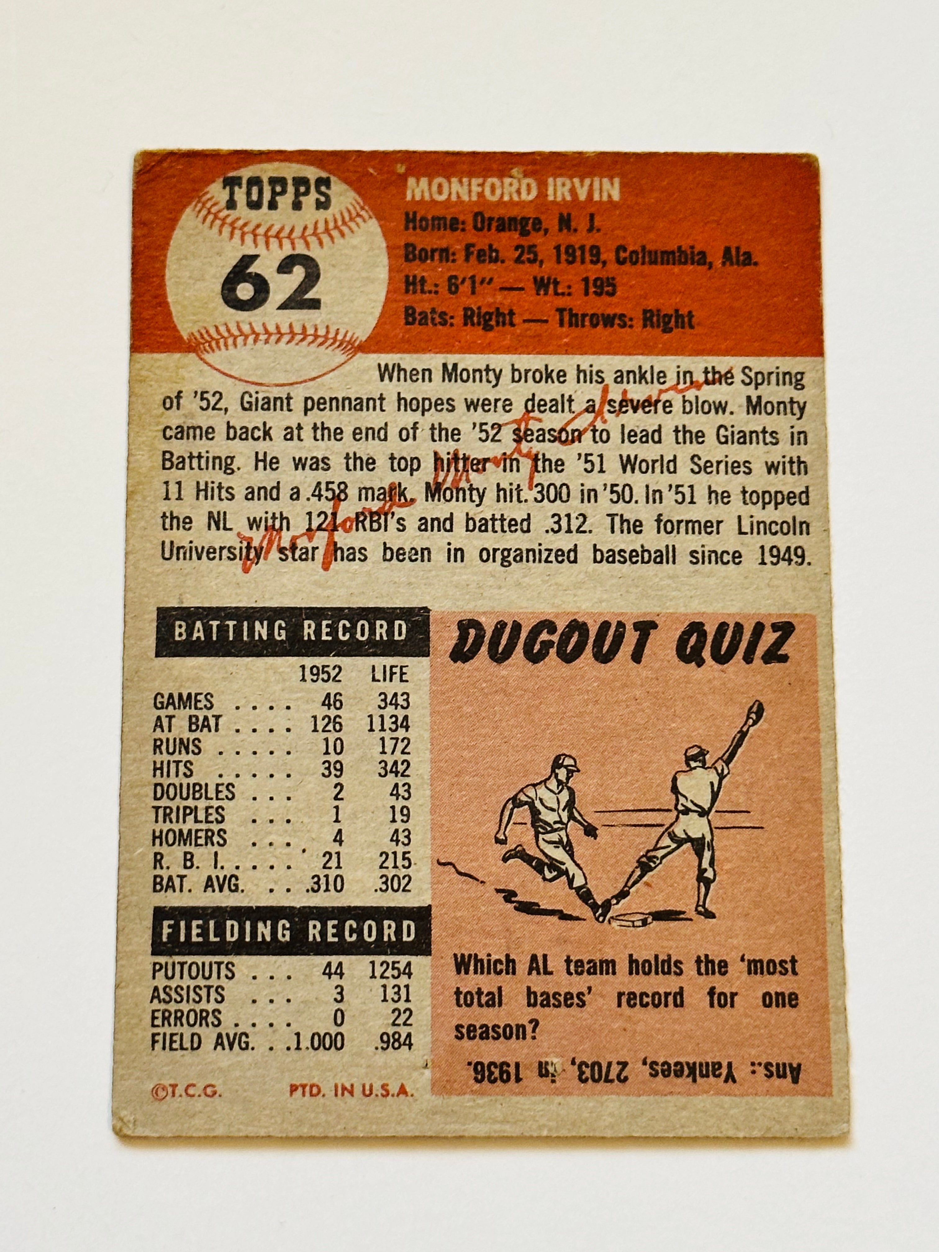 1953 Topps Monte Irvin Baseball Card - VG (Very Good) Condition - Vintage MLB Collectible for Fans & Investors - Perfect for Display, Trading, and Sports Memorabilia Collections