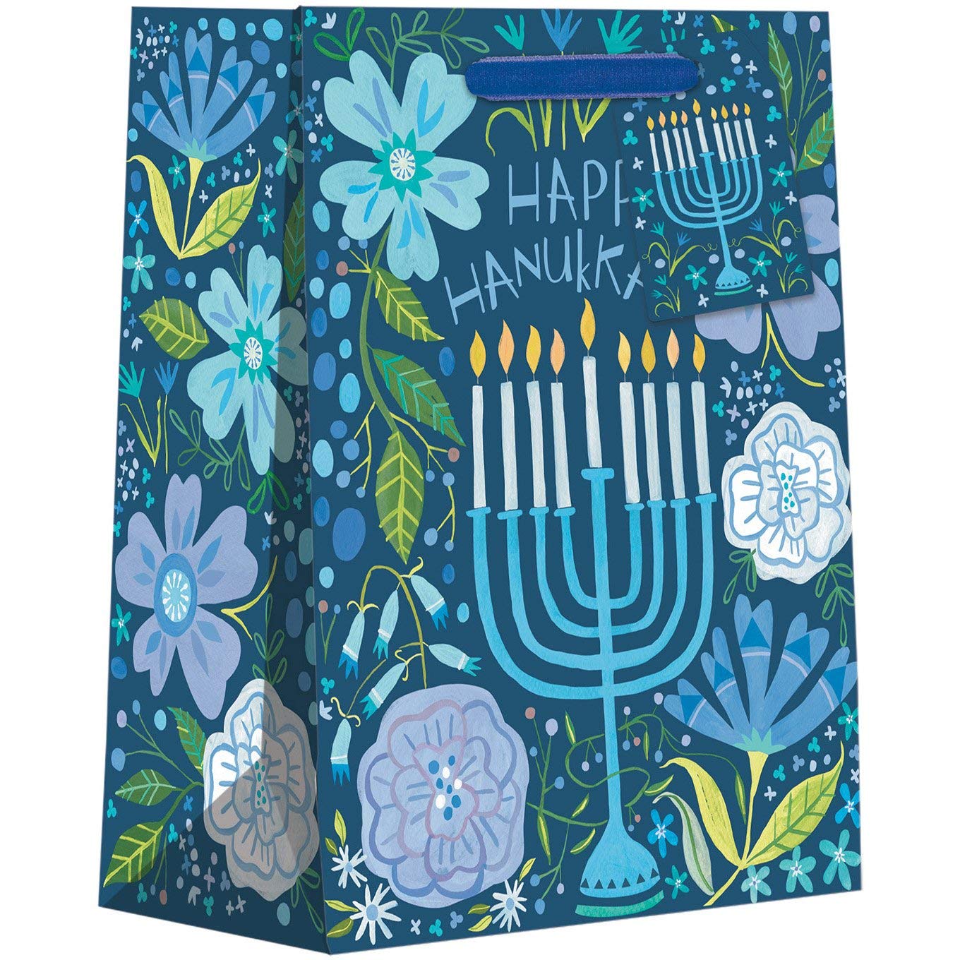 Jillson & Roberts Medium Hanukkah Gift Bags - 12 Pack Floral Menorah Design with Glitter Accents for Hanukkah Party Favors, Holiday Gifts & Jewish Celebrations