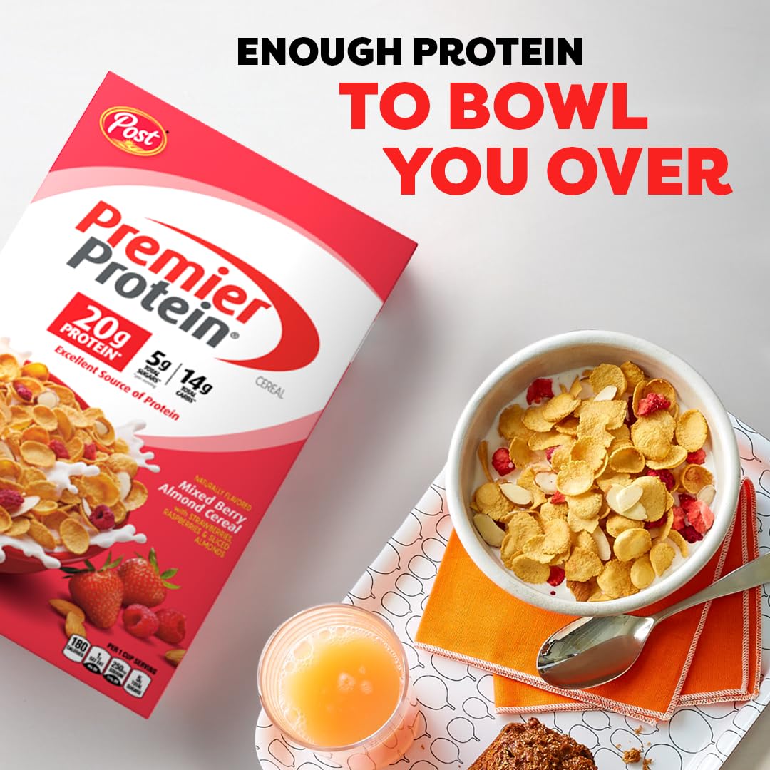 Premier Protein Mixed Berry Almond Cereal - High Protein Cereal with Dried Berries & Almond Slices (20g Protein per Serving, 9oz Box) - Perfect for Breakfast, Post-Workout Snack & Healthy Lifestyle
