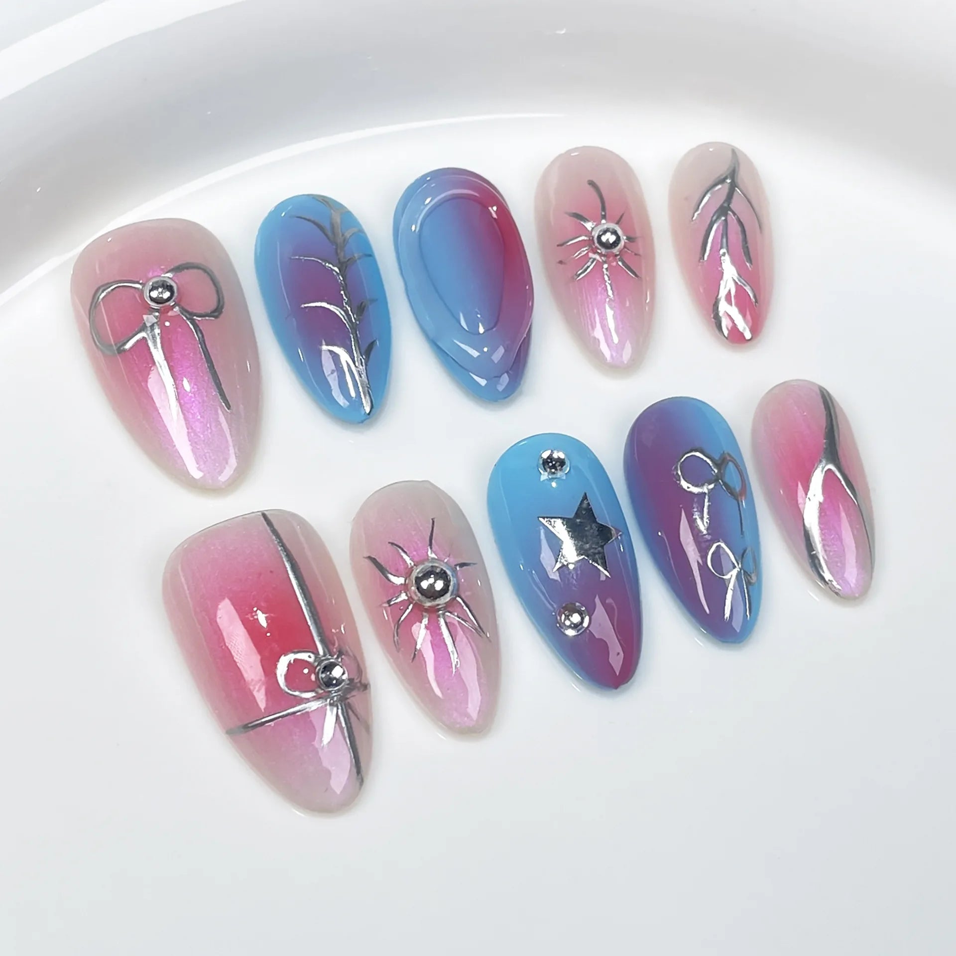 10Pcs Metallic Almond Press-On Fake Nails with Glue - Dark Color Full Cover False Nails for Manicure | Sweet & Cool Gel Nail Tips for Party, Wedding, Date Night & Special Occasions