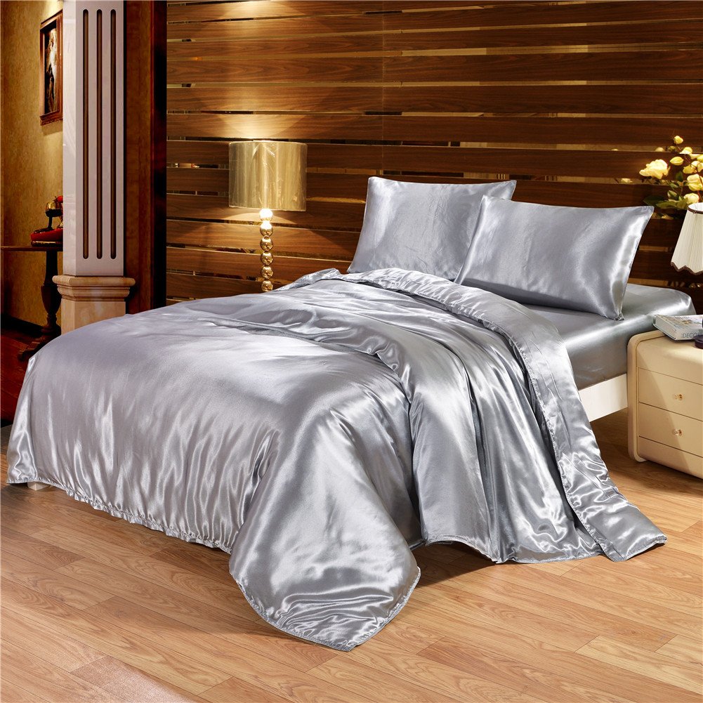 Premium Silky Satin Duvet Cover Set - Ultra Soft Hotel Collection Bedding with Button Closure & Corner Ties - Twin/Twin XL Size - Silver - Perfect for Guest Rooms, Dormitories & Luxury Bedroom Decor
