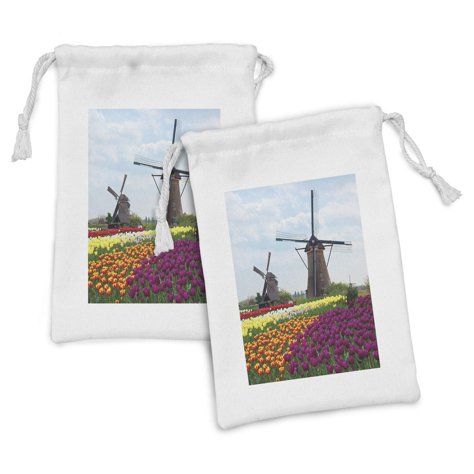 Ambesonne Windmill Fabric Pouch Set of 2 - Dutch Farm Country Heritage Design Drawstring Bags for Toiletries, Masks & Gifts (9