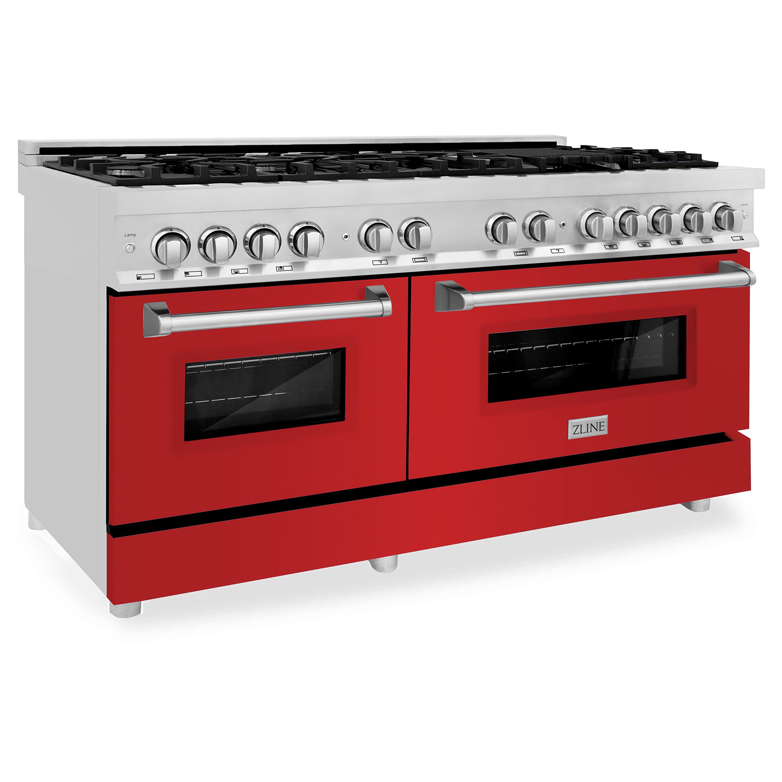 ZLINE 60-inch 7.4 cu. ft. Dual Fuel Range with 9-Burner Gas Cooktop & 2 Electric Convection Ovens - Stainless Steel with Red Matte Doors (RA-RM-60) for Professional Home Kitchens and Gourmet Cooking