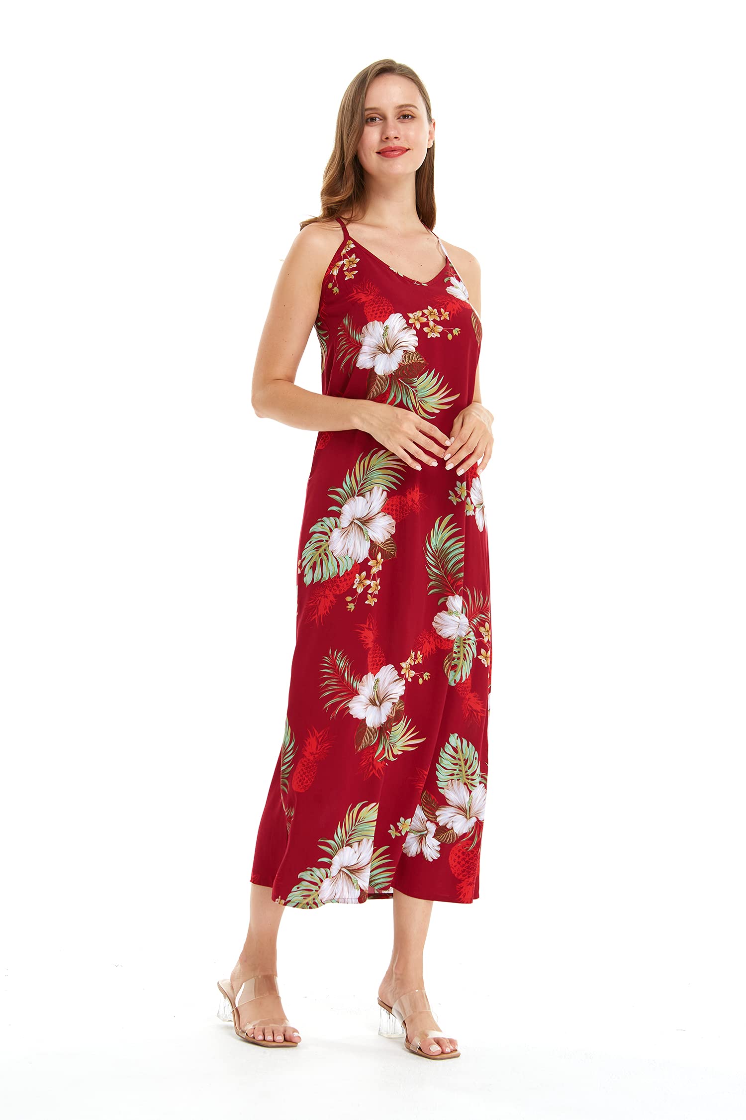 Women's Hawaiian Luau Pineapple Print Maxi Dress with Sweetheart Neckline - Navy Blue Tropical Summer Beach Party Outfit for Vacation & Poolside Gatherings