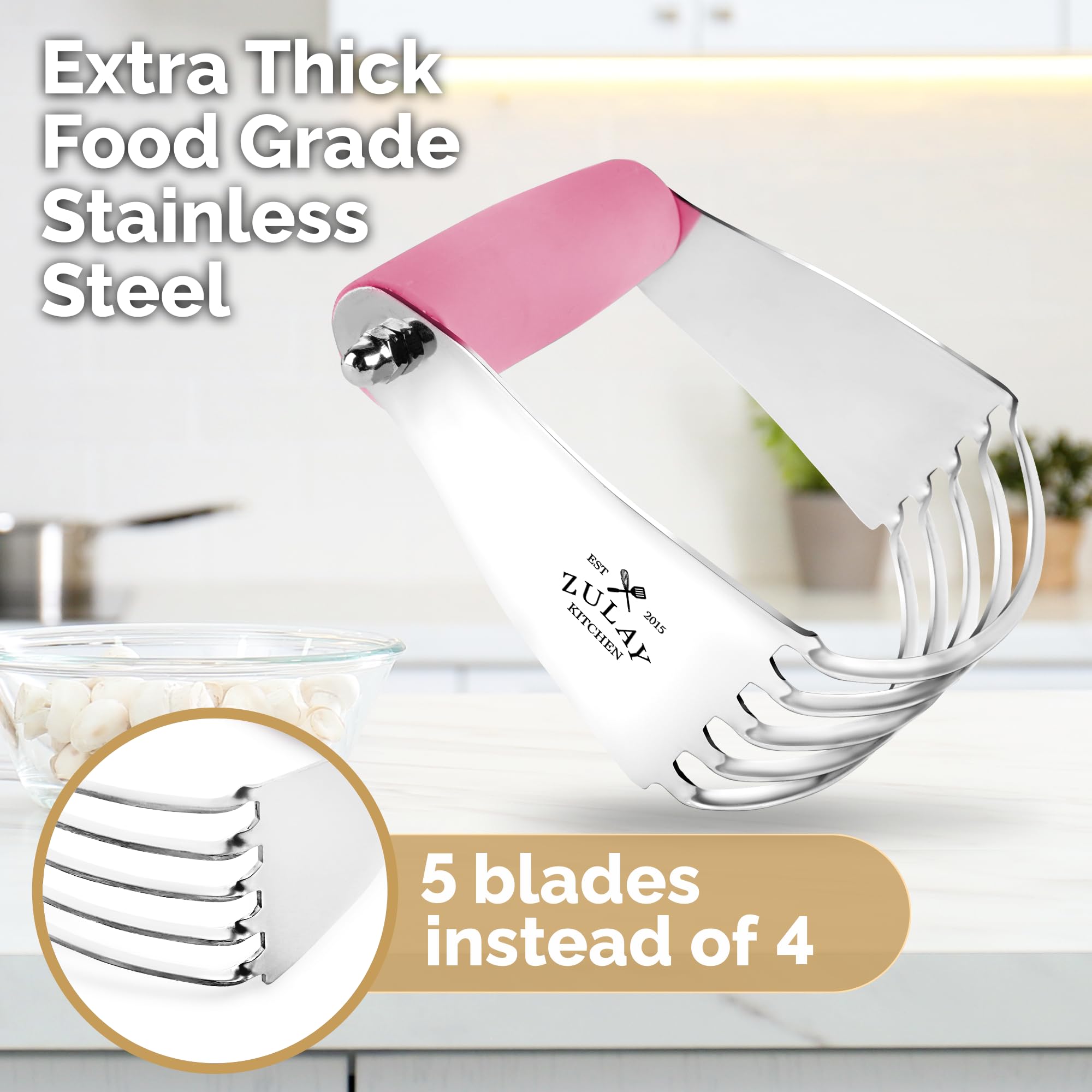 Zulay Kitchen Stainless Steel Dough Blender - Heavy Duty Pastry Cutter with 5 Blades, Butter Cutter & Baking Tool for Pies, Cookies, Biscuits - Perfect for Home Bakers & Professional Chefs (Pink)