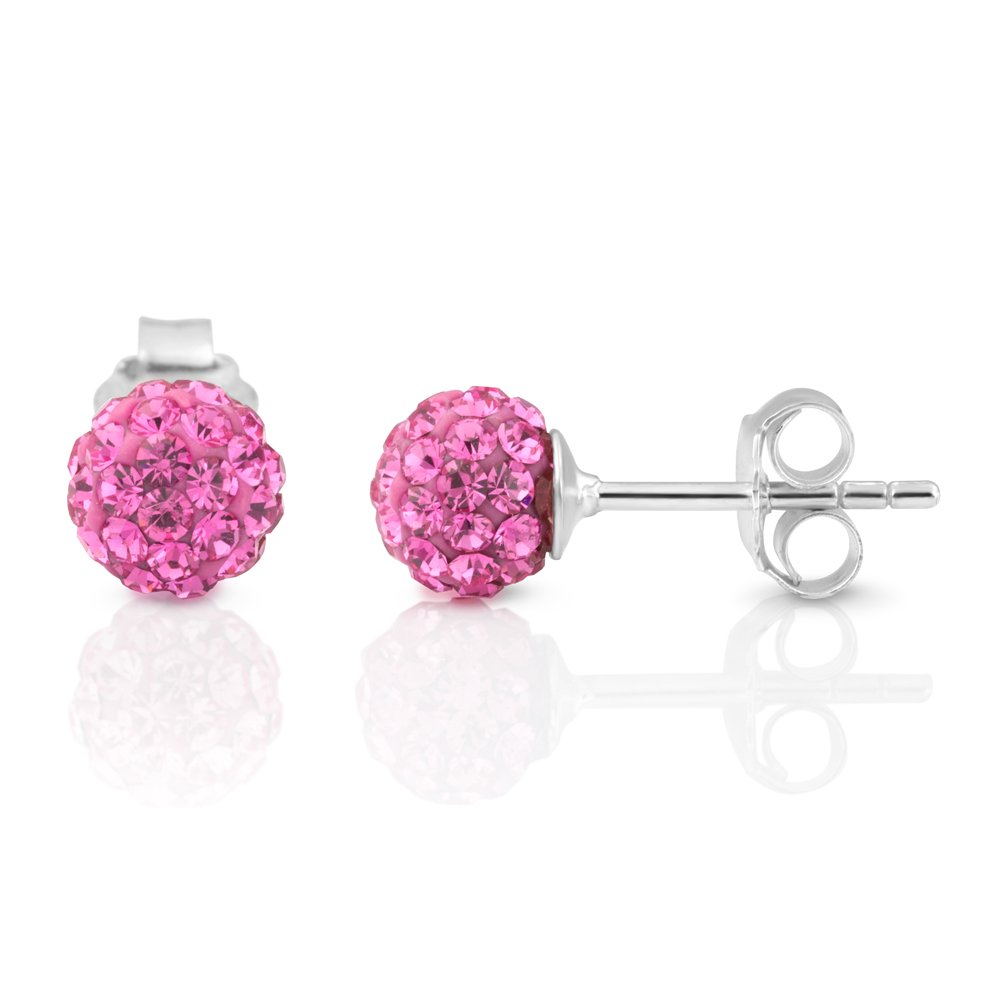 Sterling Silver Rose Pink Crystal Rhinestone Stud Earrings | 7mm Post Back | Elegant Disco Ball Design for Women | Perfect for Parties, Weddings & Evening Events