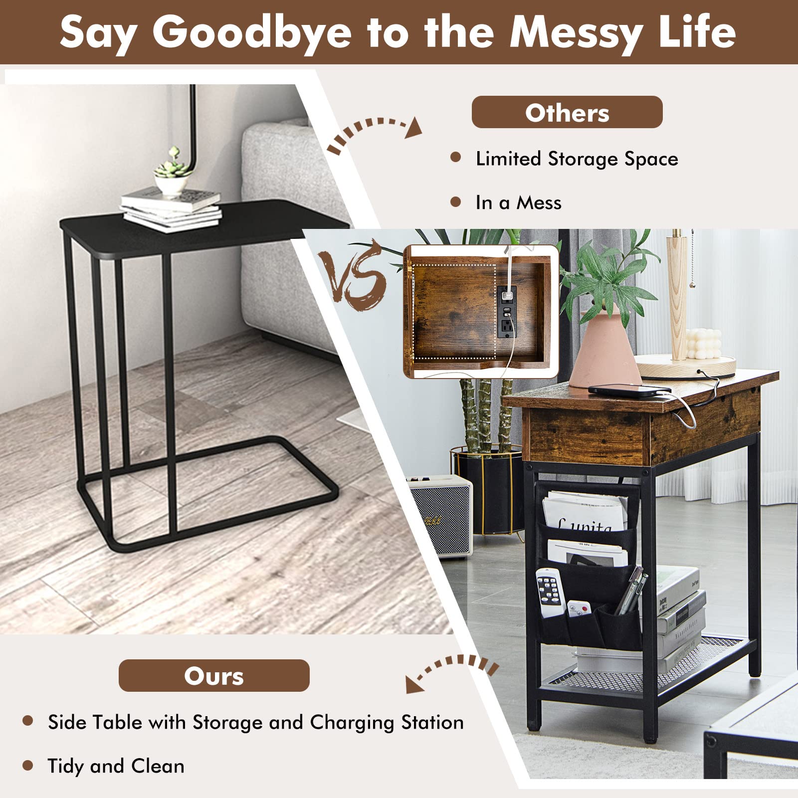 Tangkula Flip Top Side Table with Charging Station - USB Ports & Outlets, Narrow End Table with Fabric Storage Bags - Industrial Nightstand for Small Spaces (Rustic Brown, 2-Pack) | Perfect for Living Room, Bedroom & Dorm Organization