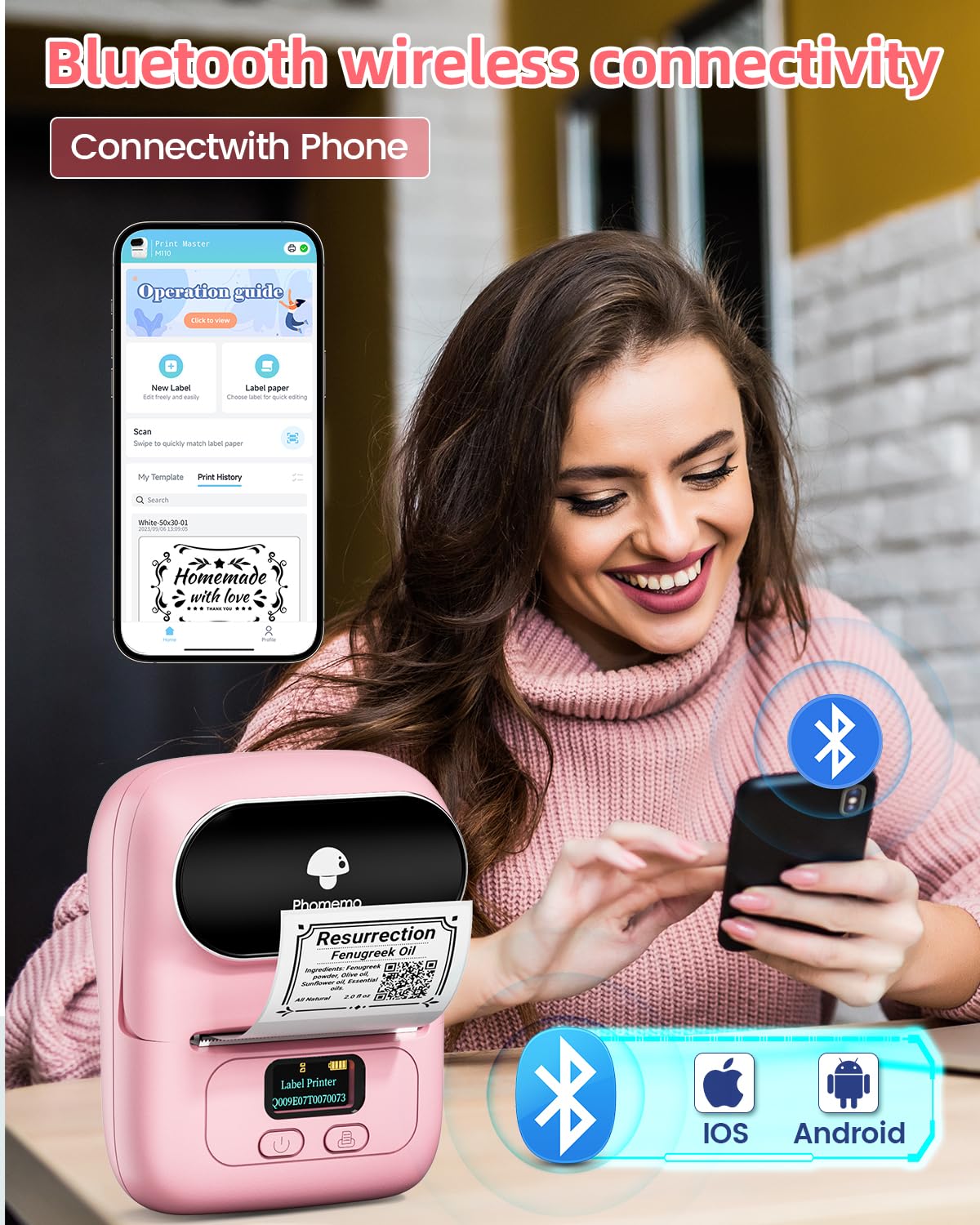 Phomemo M110 Bluetooth Label Maker Machine - Portable Label Printer for Business, Office, Retail with Barcode, Fonts, Icons & Templates (Pink) | Perfect for Organizing Cables, Files, Products & Inventory Management