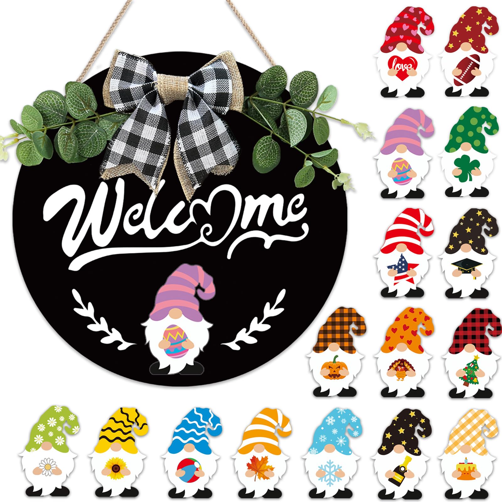 12 Inch Interchangeable Welcome Sign for Front Door - Seasonal Gnome & Wooden Spring Wreath Decor - Home & Classroom Decorations - Easter & Housewarming Gifts for New Home - Perfect for Seasonal Door Decor, Holiday Home Accents & Warm Welcome Displays
