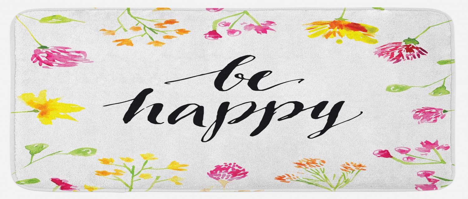 Ambesonne Non-Slip Kitchen Rug - 'Be Happy' Floral Design with Colorful Wildflowers, Plush Decor Mat 47x19 Inches - Perfect for Spring Decor, Farmhouse Kitchens & Cozy Home Vibes