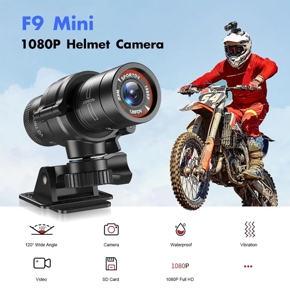 Komdndht F9 1080P HD Waterproof Sports Action Camera - Mini Helmet Cam for Bike, Motorcycle, Diving & Outdoor Adventures - Car Video Recorder Kit with DV Camcorder Functions