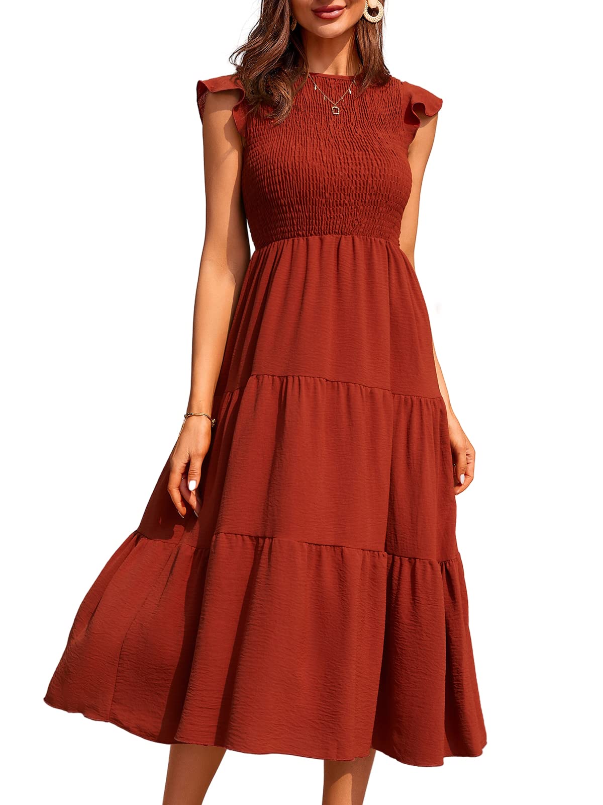 BBcoch Women's Short Sleeve Casual Midi Dress - Summer Flowy Crew Neck Smocked Ruffle Dress for Wedding Guest, Beach Party & Outdoor Events