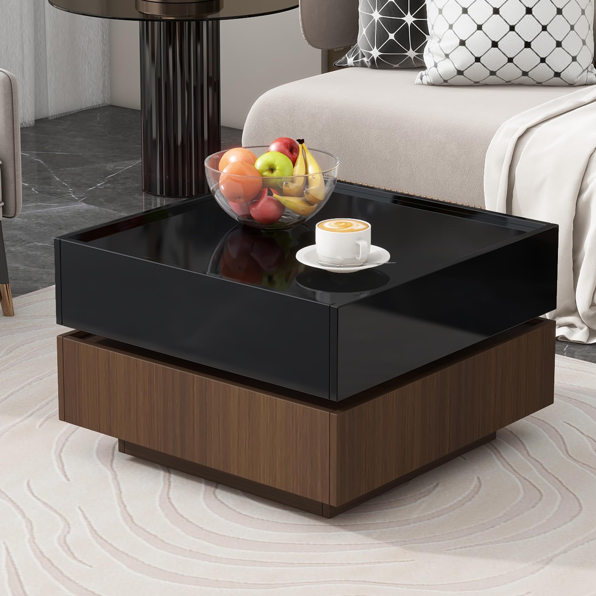 360° Rotating Modern Coffee Table with 2 Storage Drawers - High Gloss 2-Tier Square Center Table & Side Table for Living Room - Black & Walnut Finish - Perfect for Small Spaces & Home Decor