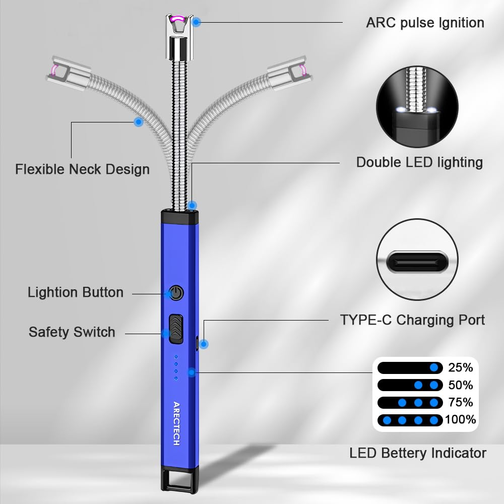 ARECTECH USB Rechargeable Electric Arc Lighter - Windproof Flameless Lighter for Candles, Camping, Fireworks, BBQ & Outdoor Use - Perfect Christmas Birthday Gift for Men & Women (Blue with LED Light) - Ideal for Home, Travel, Emergency Kits & Romantic Settings