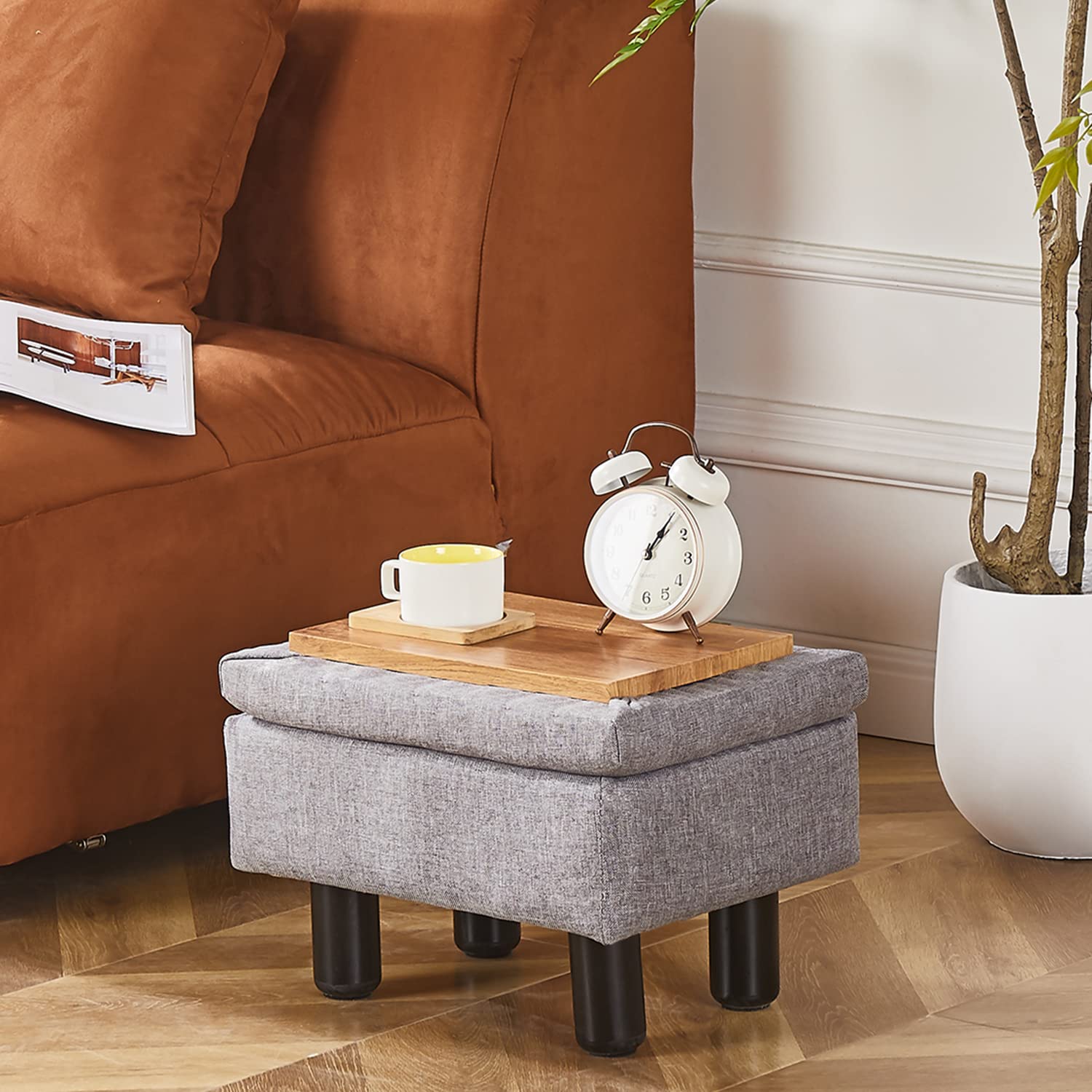 Modern Linen Foot Stool Ottoman with Solid Wood Legs - Dark Grey Storage Footrest, Step Stool & Accent Seat for Living Room, Couch | Perfect for Extra Seating, Foot Support & Home Organization