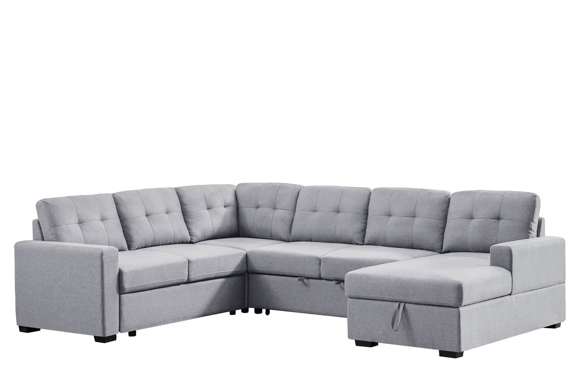 Lilola Home Selene Light Gray Linen Fabric Sleeper Sectional Sofa with Storage Chaise - Modern Convertible Sofa Bed for Small Spaces, Living Room & Guest Room Comfort