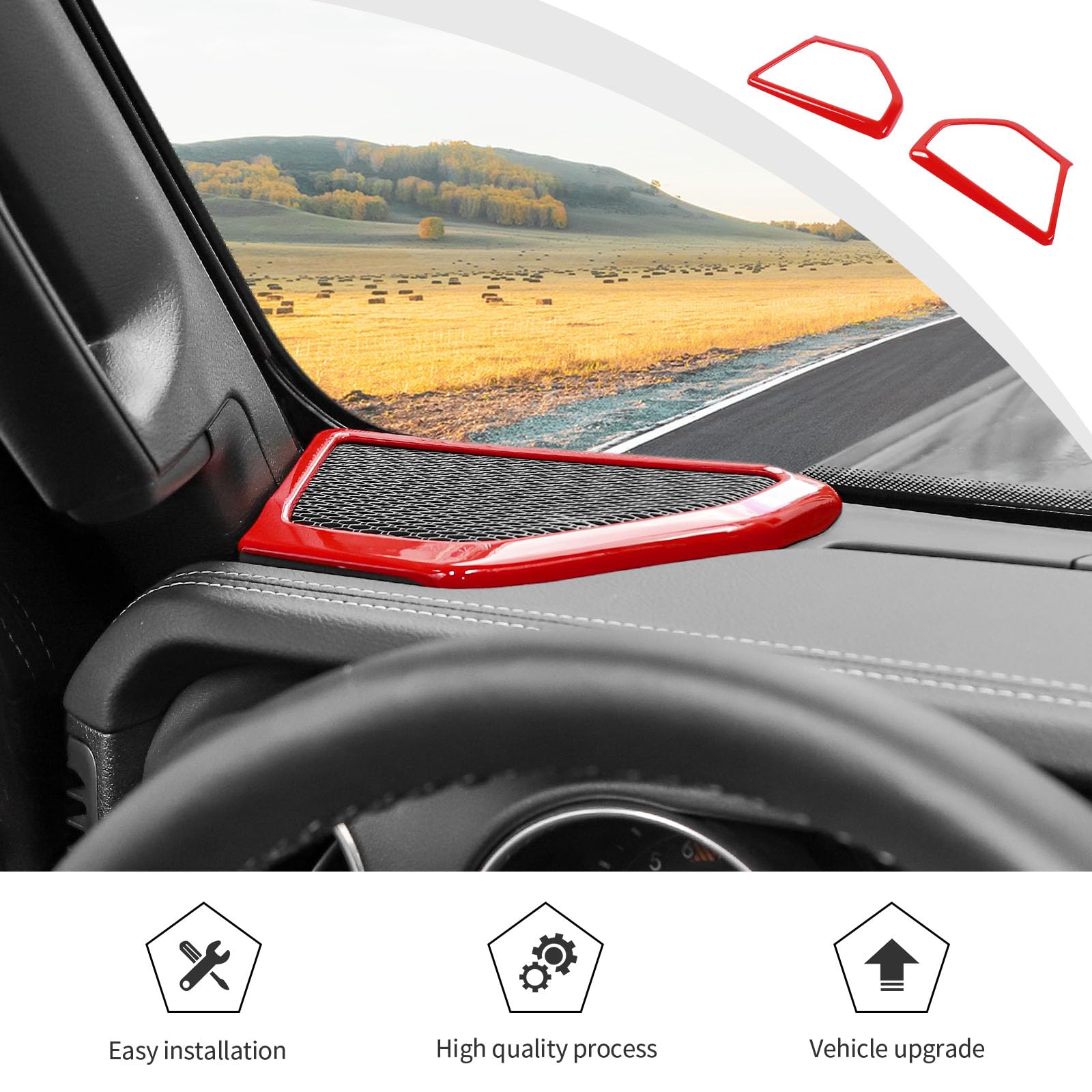 2024-2025 Jeep Wrangler JL/JLU & Gladiator JT 4xe Interior Accessories - JWWY ABS 4PCS Red Speaker Audio Player Trim Top & A Pillar Cover Trim Set | Perfect for Off-Road Adventures & Car Audio Upgrades