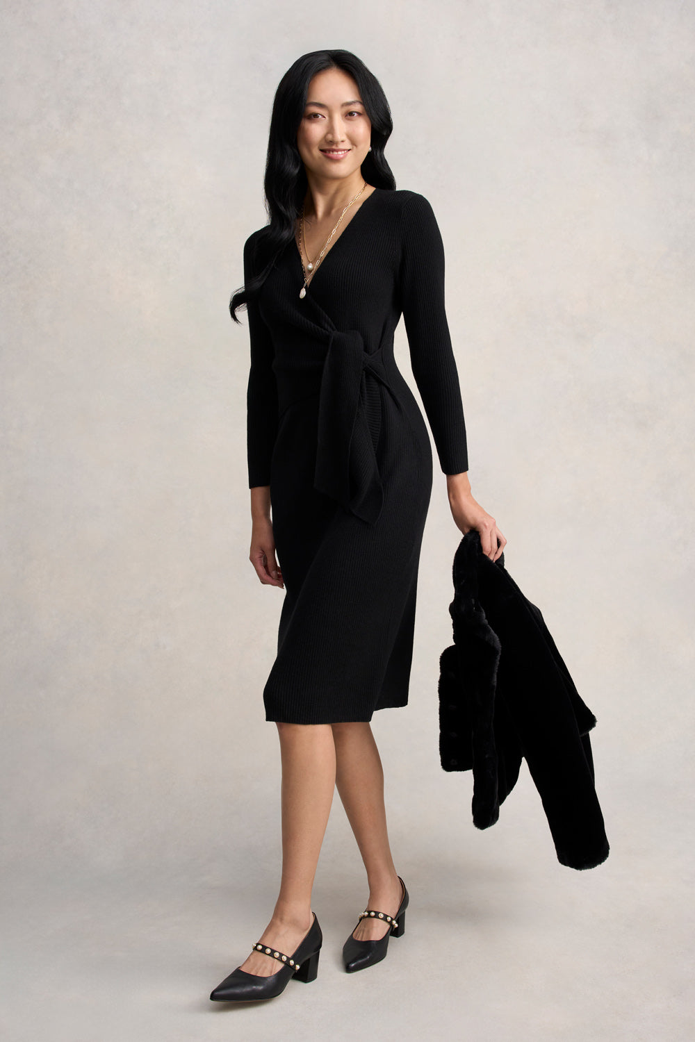 Wrap Detail Knit Dress for Women - Elegant Black Stretchy Bodycon Dress for Night Out, Party, or Office Wear