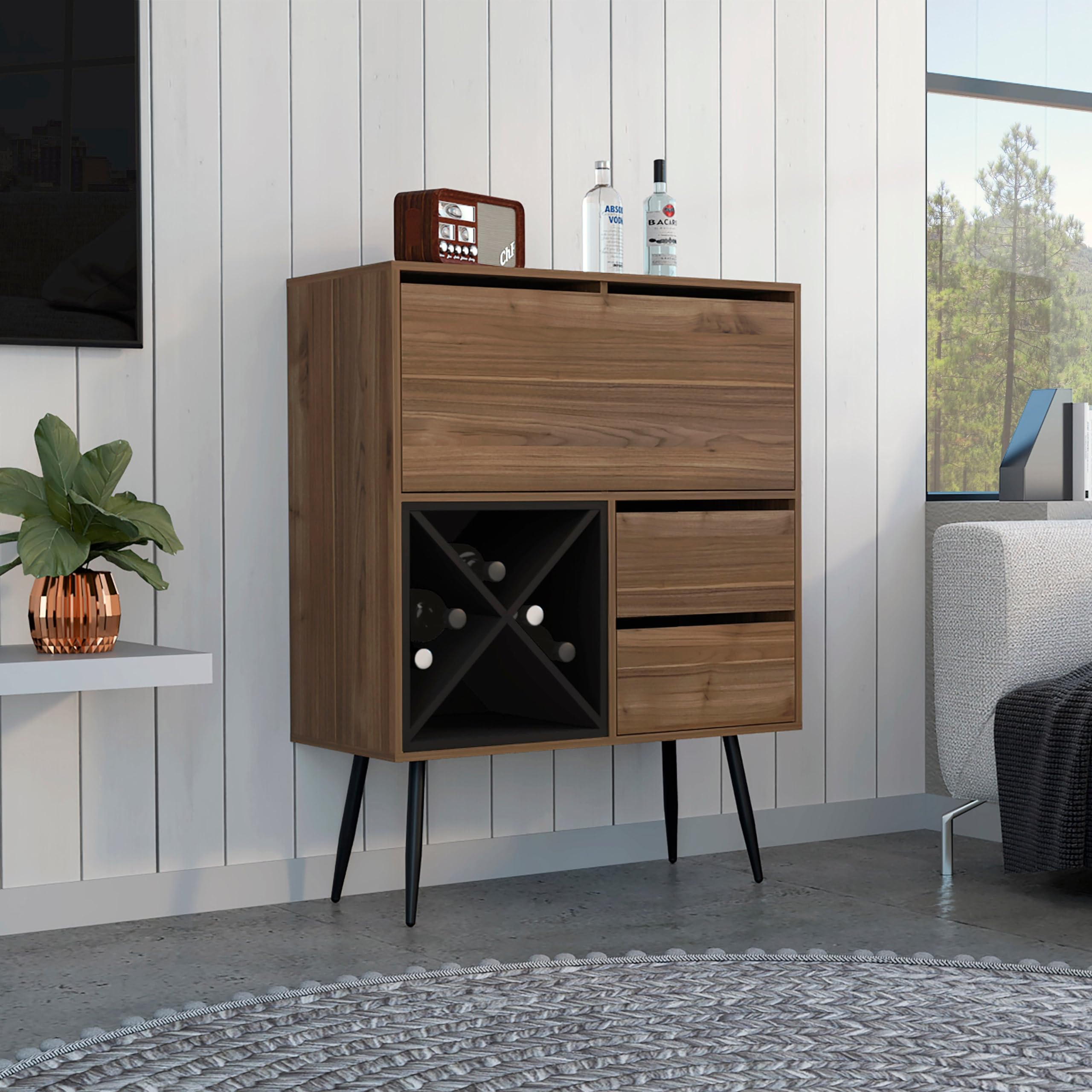 Tuhome Prunus Bar Cabinet with 2 Drawers - Mahogany & Black Finish - Stylish Home Bar Storage for Living Room, Dining Room or Office