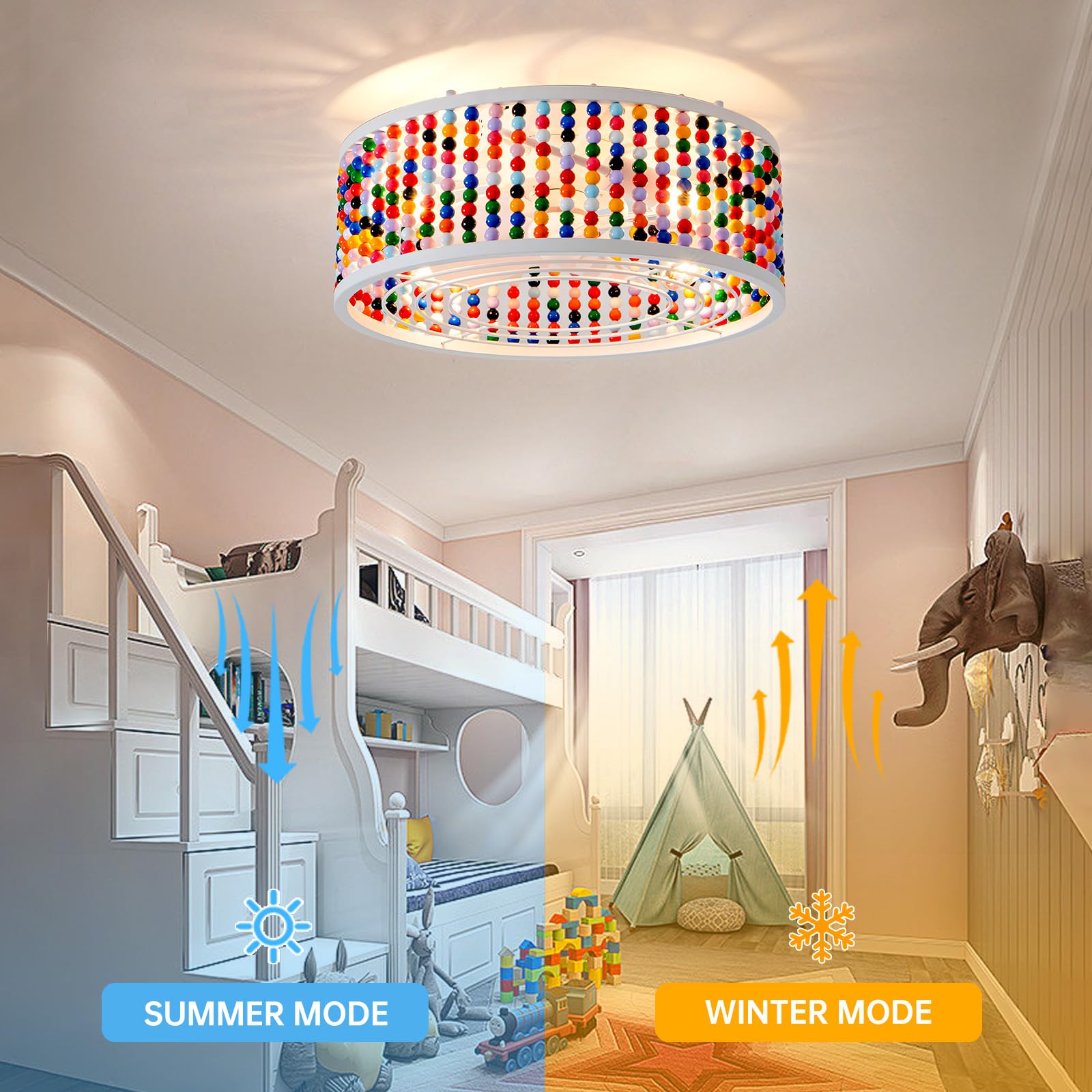19-inch Caged Ceiling Fan with Lights & Remote - Handcrafted Beaded Décor, 6-Speed Reversible Motor, Includes Bulbs for Flush Mount - Perfect for Bedroom, Living Room & Patio