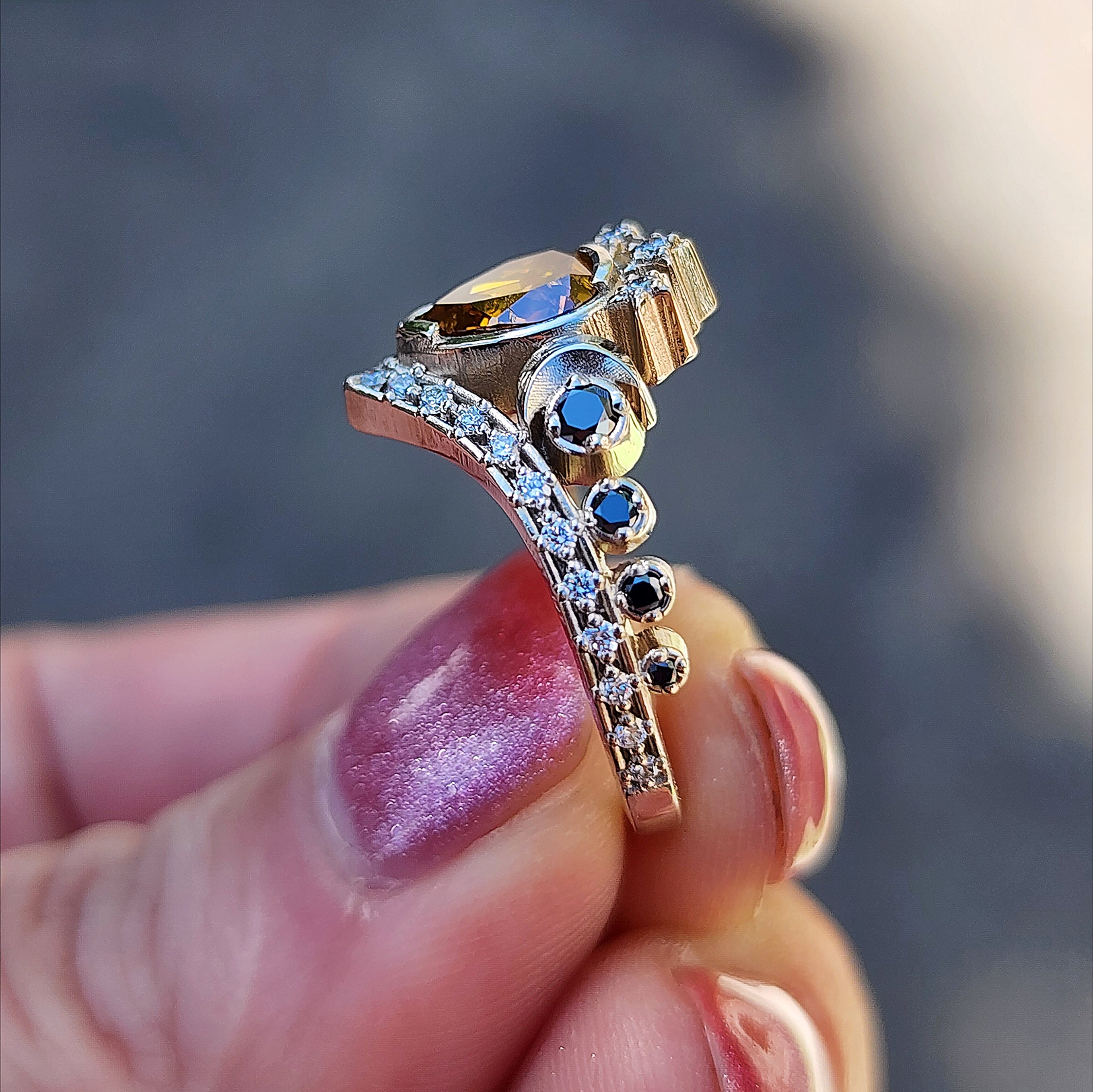 14K Palladium White Gold Pear Champagne Diamond Engagement Ring - Size 6 & 8 - Lunar Priestess Design - Perfect for Proposals, Weddings & Anniversary Gifts - Ready to Ship