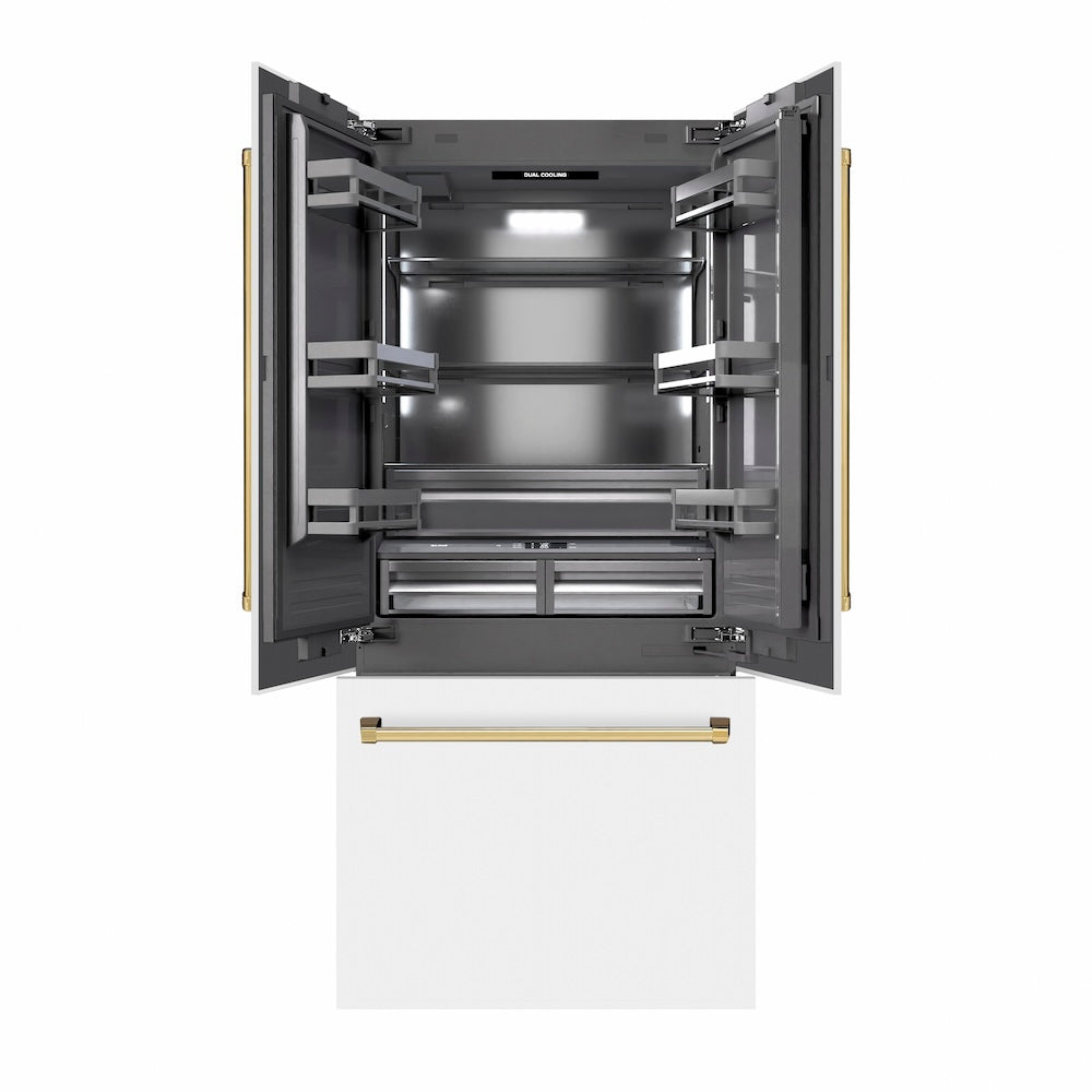 ZLINE Autograph Edition 36 Inch 19.6 Cu Ft French Door Built-In Bottom Freezer Refrigerator with Water Dispenser & Ice Maker - White Matte Exterior, Graphite Gray Interior, Polished Gold Accents (GRBIVZ WM 36 G) - Perfect for Modern Kitchens & Luxury Homes