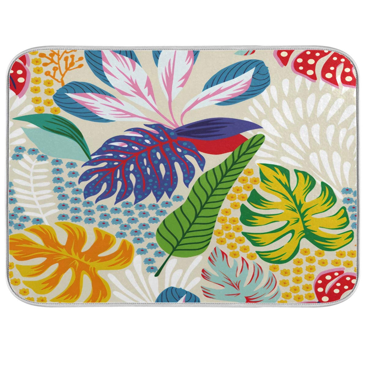 Colorful Tropical Leaves Flowers Dish Drying Mat - Ultra Absorbent Kitchen Counter Drainer Mat (16