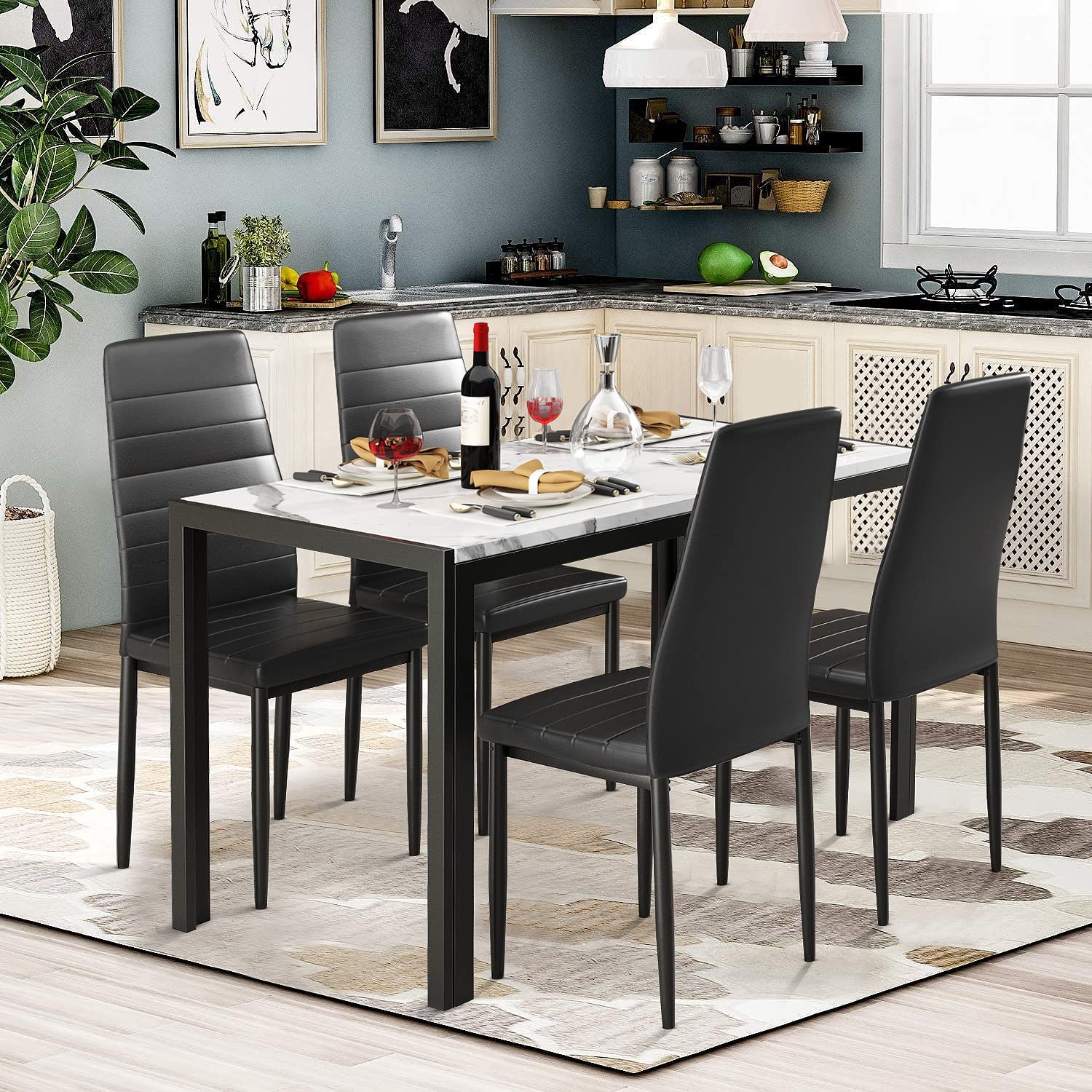 5-Piece Dining Table Set for 4 with Faux Marble Top & 4 PU Leather Chairs - Modern Kitchen & Dining Room Furniture for Small Spaces, Family Meals & Entertaining Guests
