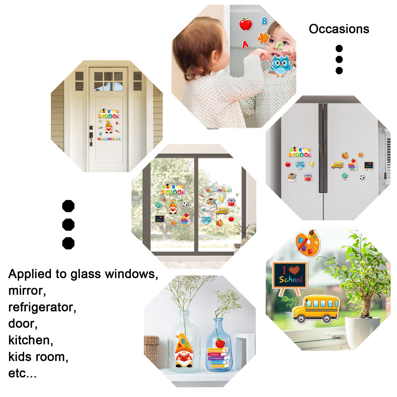 Whaline 40Pcs Back to School Gel Window Clings - Cute Gnome, Owl & School Bus Stickers for Classroom Decor, Blackboard & Wall Decoration - Perfect for Welcome Back Party, Home & School Decorations